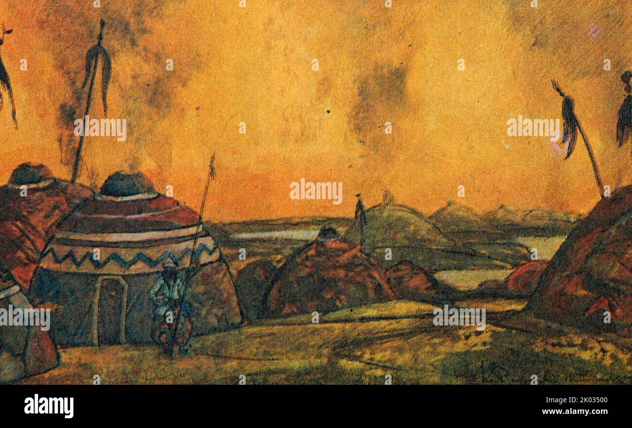 Skizze für den Vorhang für die Oper von A. P. Borodins 'Prinz Igor'. Künstler N. K. Roerich. Haus-Museum von Tschaikowsky in Klin. Stockfoto