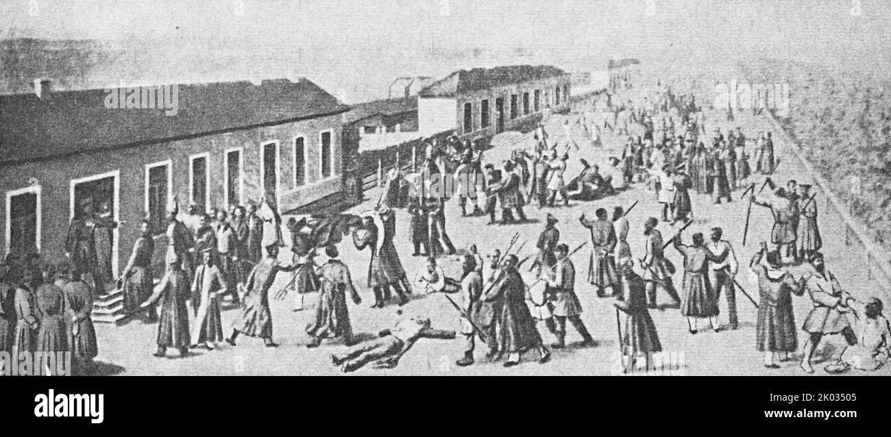 Aufruhr in einer militärischen Siedlung. 1831. Stockfoto