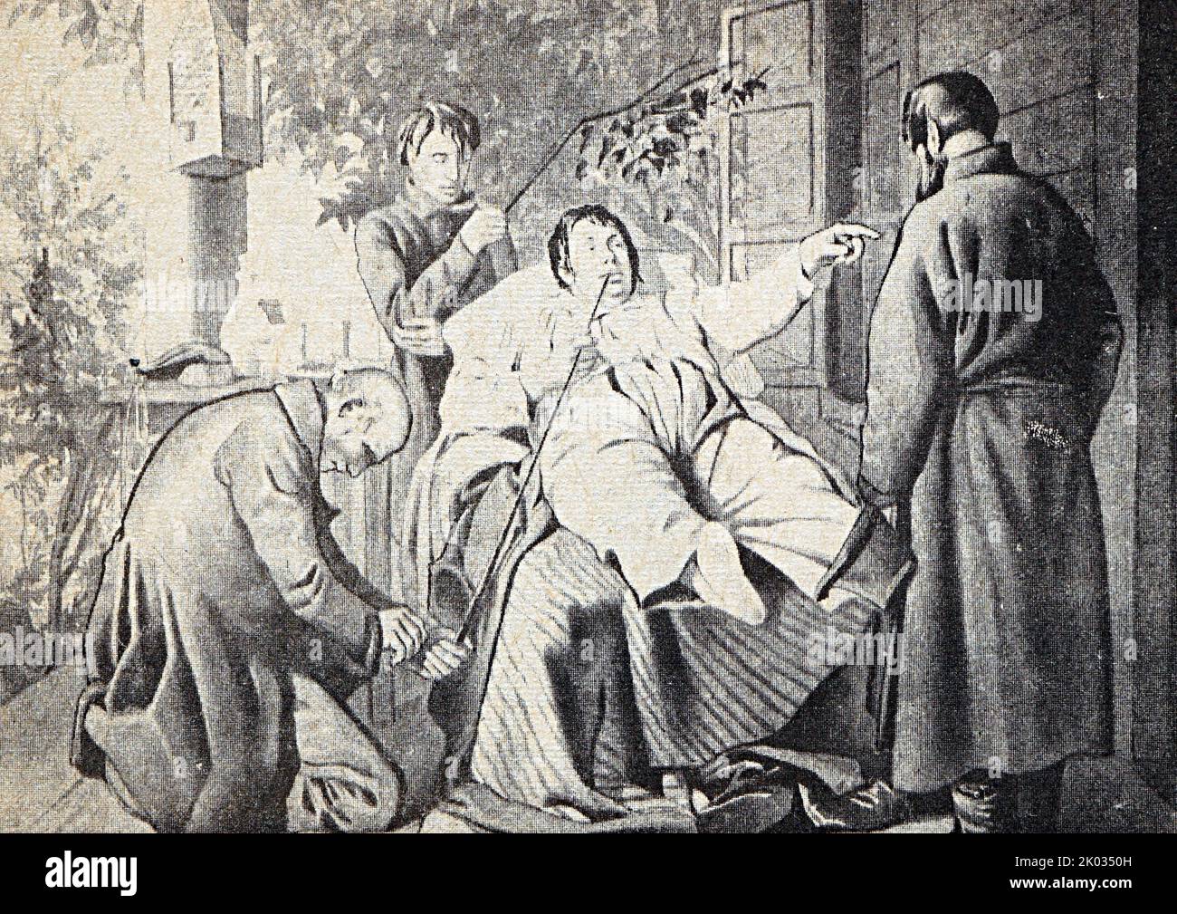 Das Lair des Gutsbesitzers. Mitte des 19.. Jahrhunderts. Wohlhabender russischer Gutsbesitzer, umgeben von Dienern. Stockfoto