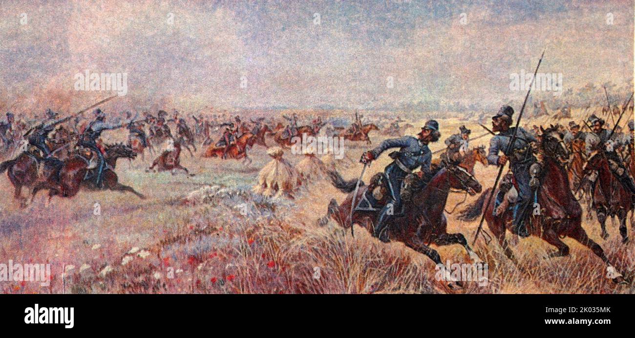 Die Schlacht der Platowschen Kosaken mit der französischen Kavallerie bei mir am 27. Juli 1812. Der Künstler ist V. R. Mazurovsky. Stockfoto