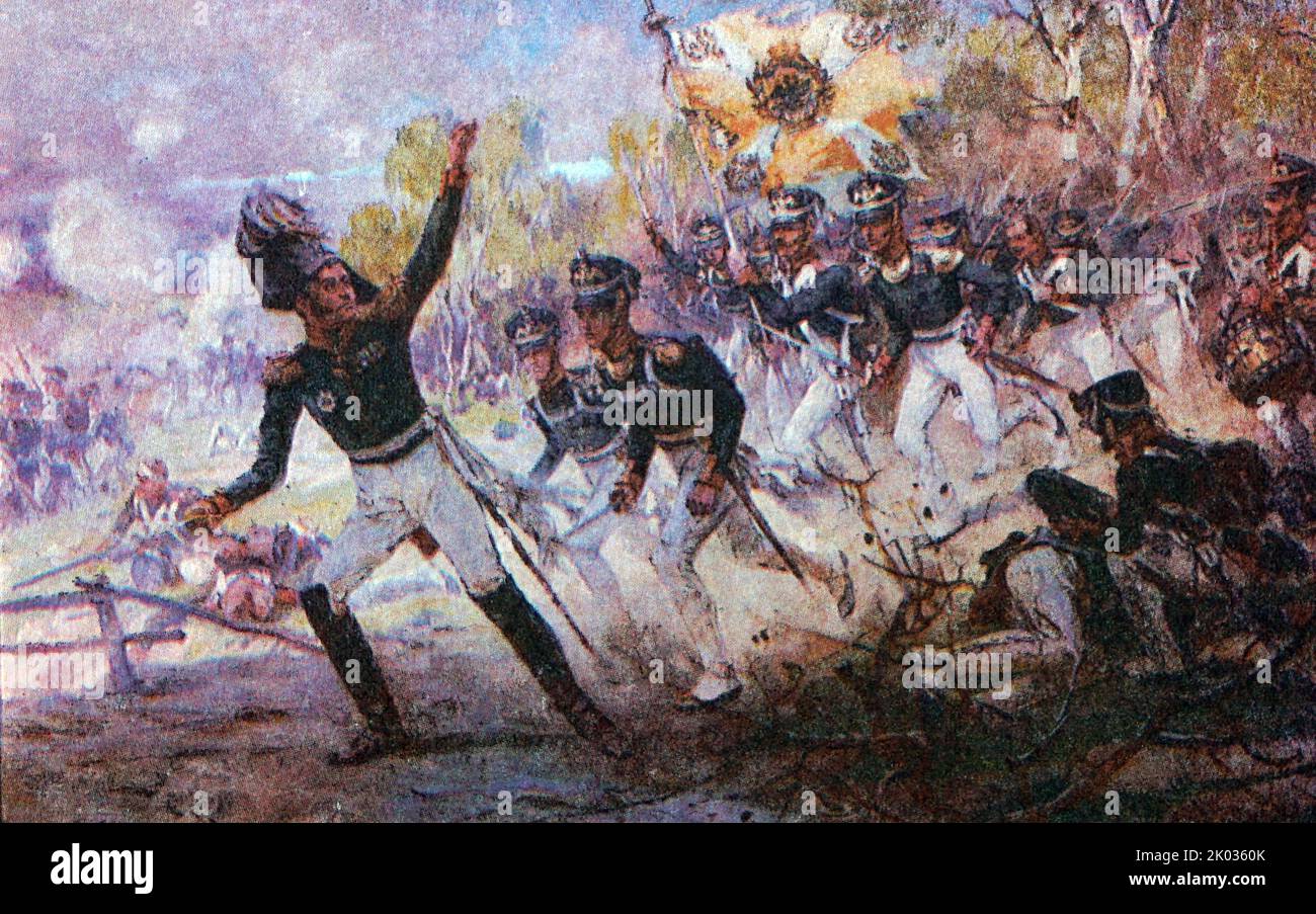 General Rayevski führte seine Männer in der Schlacht von Saltanovka, auch bekannt als die Schlacht von Mogilev, in den Kampf. 23. Juli 1812. In den frühen Stadien der französischen Invasion Russlands im Jahr 1812. Stockfoto
