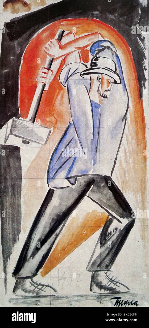 Skizze für die Tafel „Arbeiter mit Hammer“. Sowjetische russische Propagandakunst 1920. Stockfoto