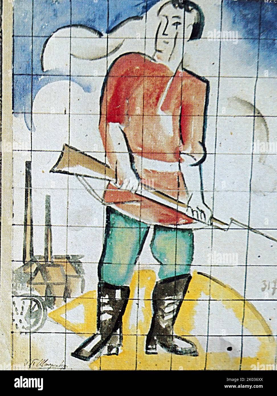 Skizze für die Tafel 'Arbeiter mit Gewehr'. Sowjetische russische Propagandakunst 1920. Stockfoto