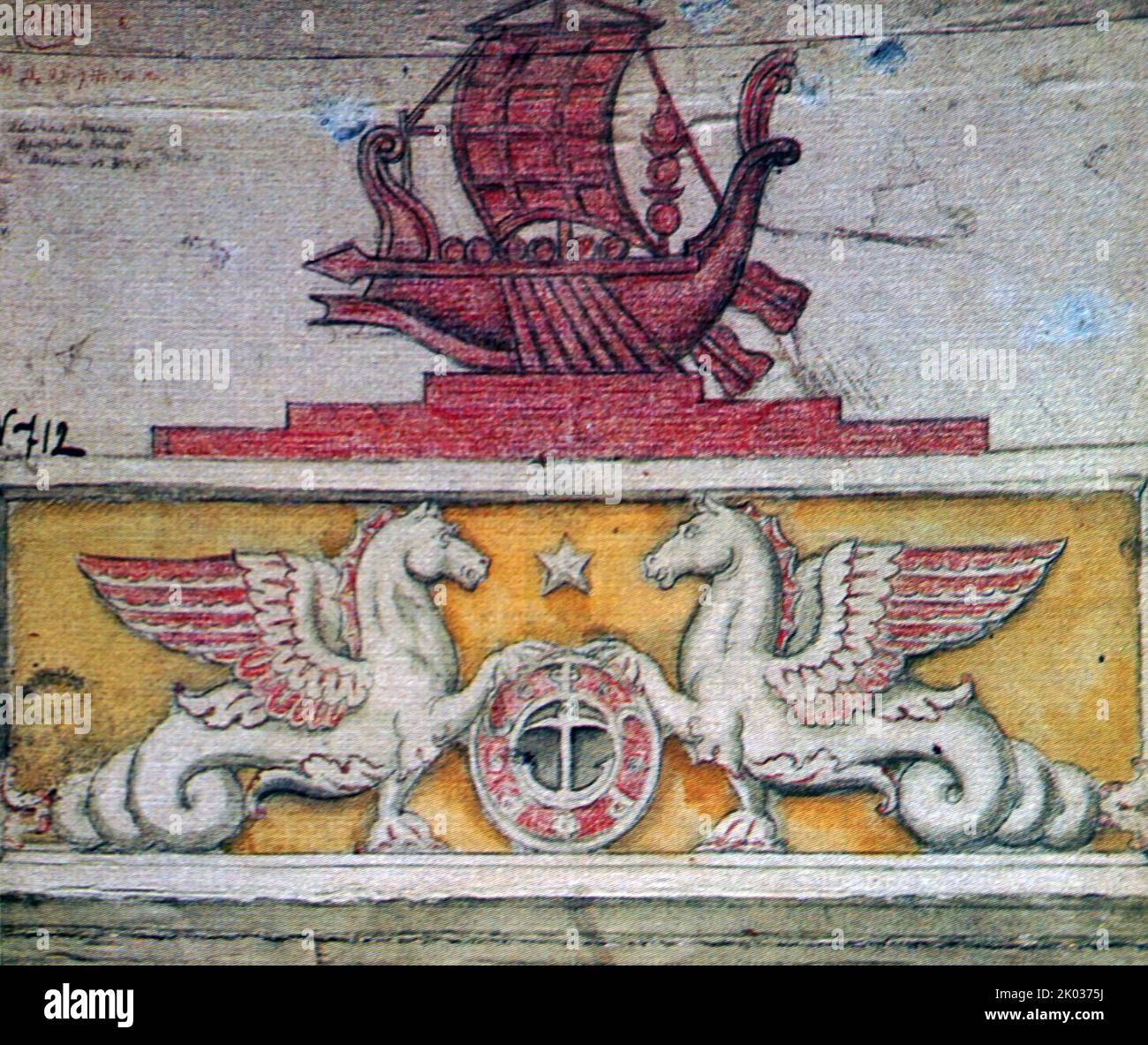 Skizze für die Dekoration des Giebels der Admiralität. Schiff und Seepferde. Sowjetische russische Propagandakunst Stockfoto