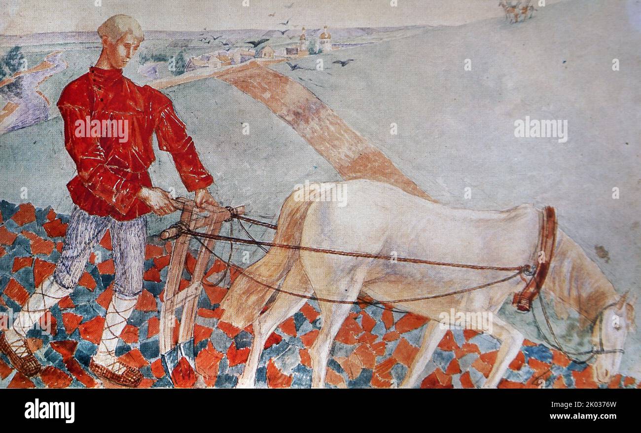 Skizze für die Tafel 'Mikula Selyaninovich'. Sowjetische russische Propagandakunst Stockfoto