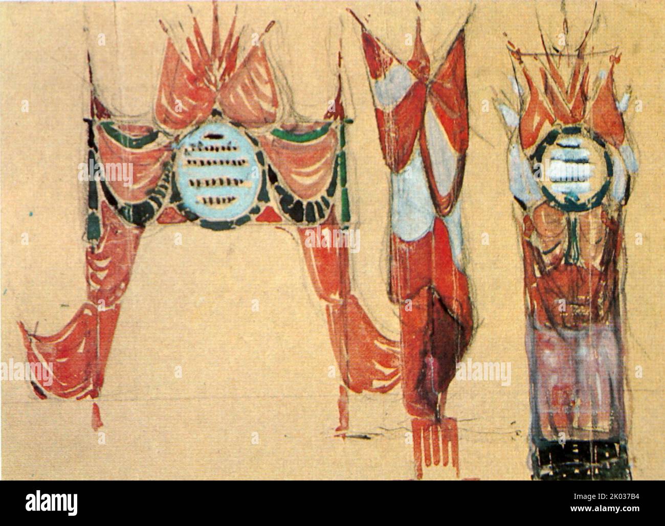 Skizze eines Sockels mit Fahnen. Sowjetische russische Propagandakunst Stockfoto