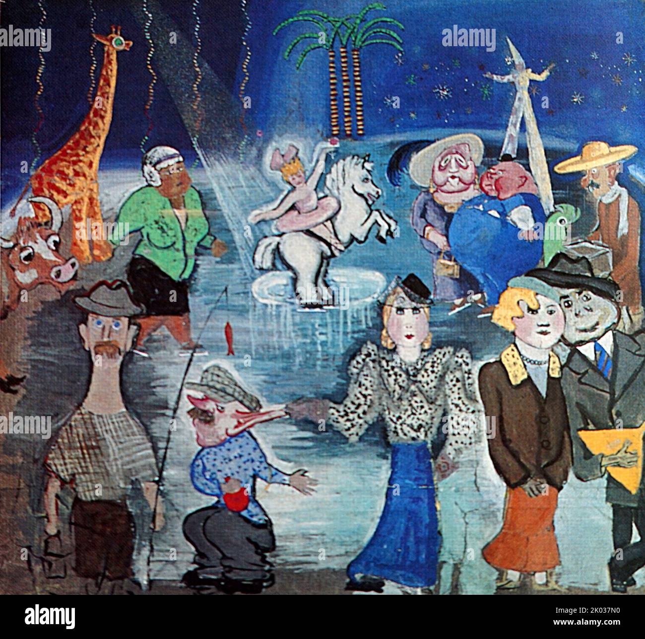 Skizze der Gruppe für das Maskentheater. Sowjetische russische Propagandakunst Stockfoto