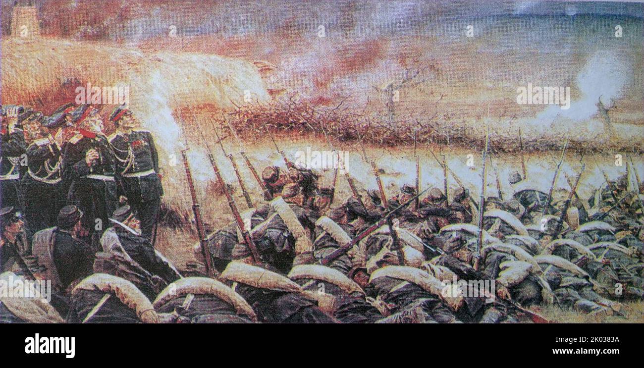 Vor dem Angriff. In Der Nähe Von Plevna. Künstler V. Vereshchagin. Die Belagerung von Plevna oder die Belagerung von Pleven war eine große Schlacht des russisch-türkischen Krieges von 1877-1878, die von der gemeinsamen Armee Russlands und Rumäniens gegen das Osmanische Reich geführt wurde. Stockfoto