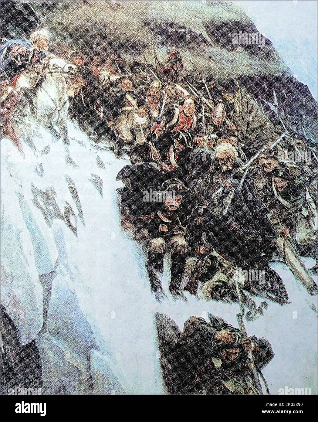 Suworow überquert die Alpen 1799 von Wassilij Surikow; 1899. Graf Alexander Suworow (1729-1800) war ein russischer Feldmarschall, der 1799 eine russisch-österreichische Streitmacht in Italien befehligte. Er wurde beauftragt, russische Truppen in der Schweiz zu entlasten und marschierte bekanntermaßen über die Alpen. Stockfoto