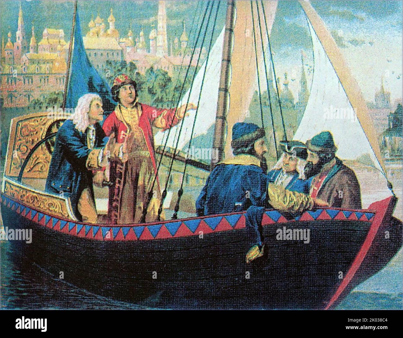 Peter der erste auf einem Boot auf dem Moskauer Fluss. Künstler - A. Kivschenko. Peter der große (1672 - 1725) regierte von 1682 bis zu seinem Tod 1725 das Zarenreich und später das Russische Reich. Stockfoto