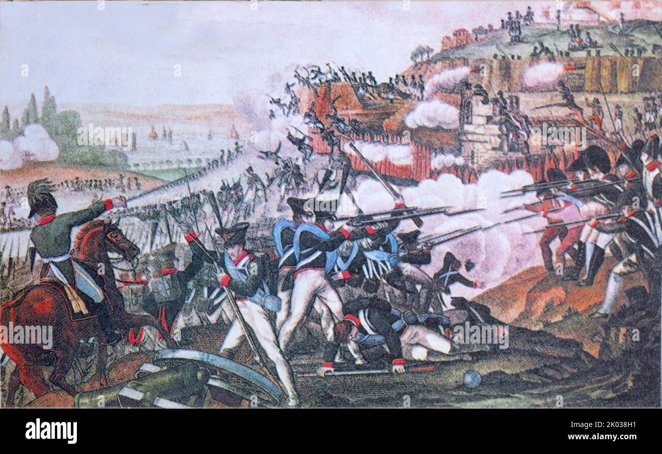 Die Schlacht von Leipzig, (Völkerschlacht), fand vom 16. Bis 19. Oktober 1813 in Leipzig, Sachsen, statt. Die Koalitionsarmeen von Österreich, Preußen, Schweden und Russland, angeführt von Zar Alexander I. und Karl von Schwarzenberg, besiegten die Grande Armee des französischen Imperators Napoleon I. Stockfoto