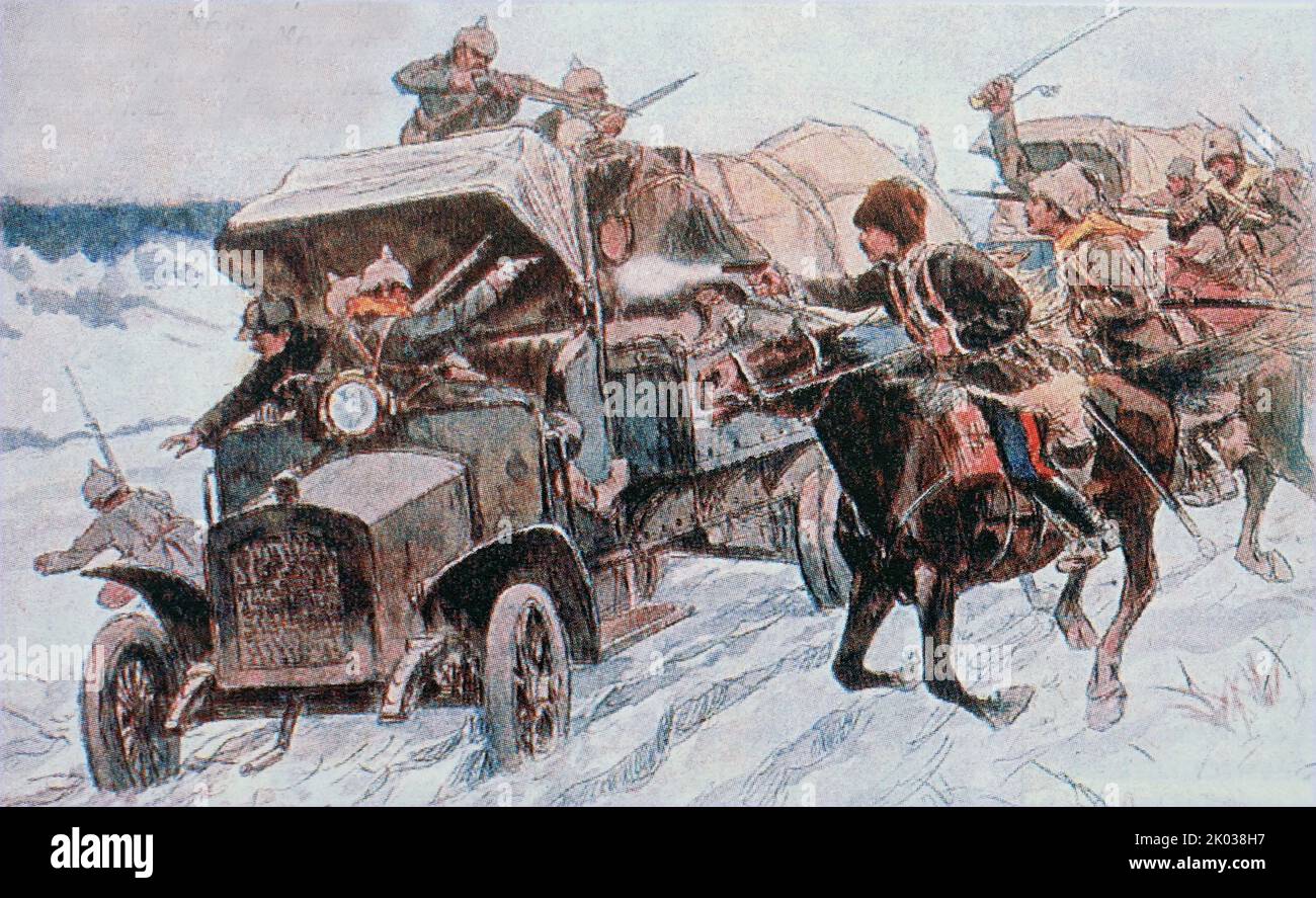 Deutscher Konvoi von russischen Kosakensoldaten angegriffen. 1. Weltkrieg 1915 Stockfoto