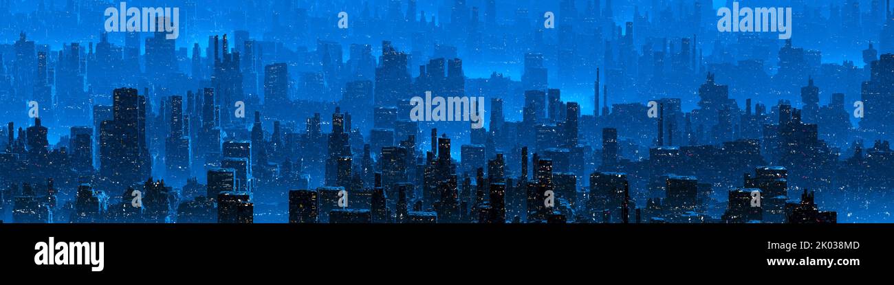 Science Fiction Neon City Night Panorama - 3D Illustration einer dunklen futuristischen Science-Fiction-Stadt, die mit hellen Neonlichtern beleuchtet ist Stockfoto