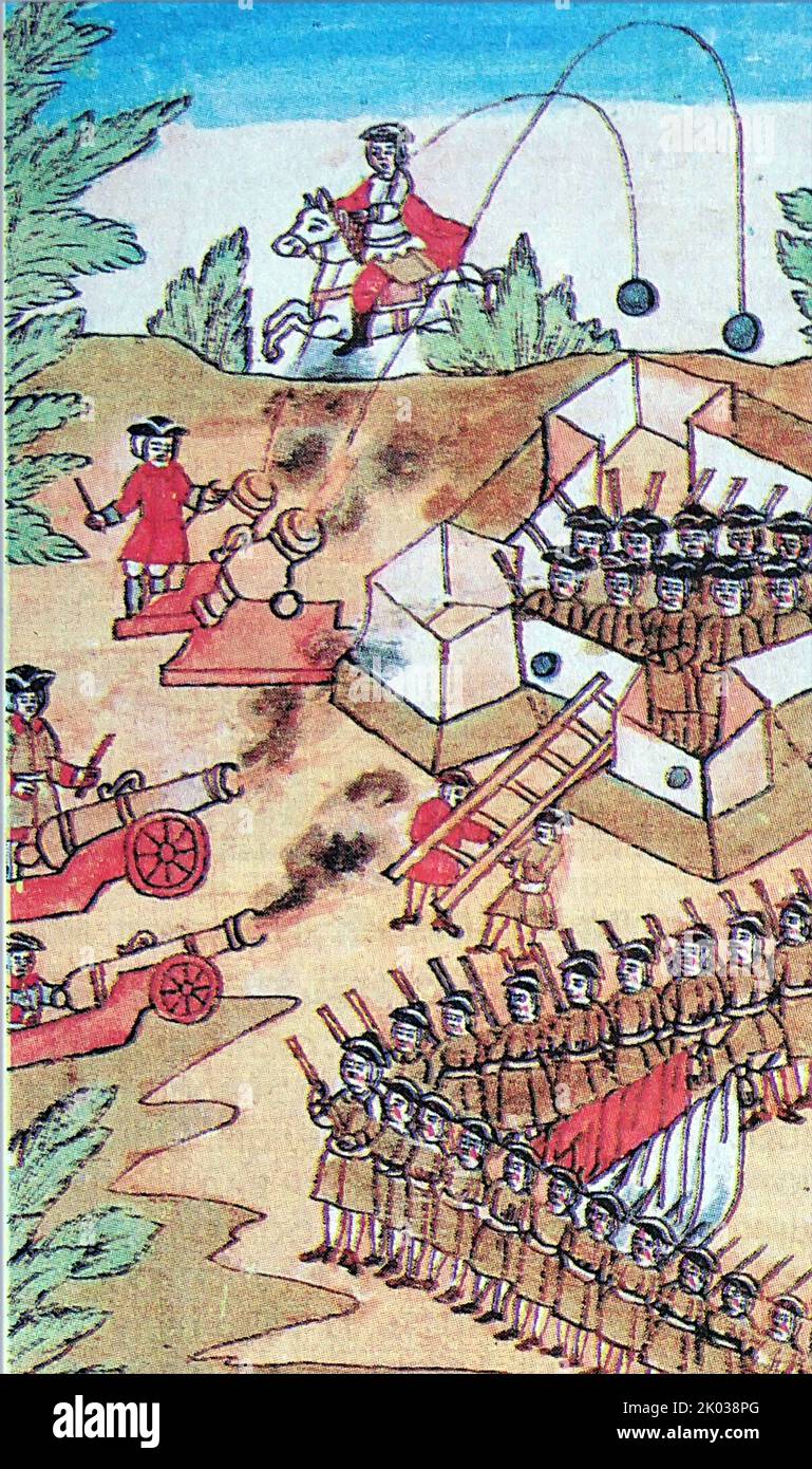 Um den Anfang des 18.. Jahrhunderts, das Artillerieregiment des russischen Zaren Peter der große Angriff Prcobrajenskwy, in der Nähe von Moskau 1720. Stockfoto