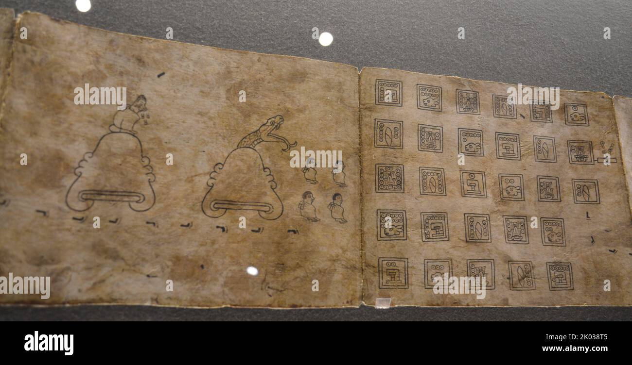 Faksimile des Boturini Codex in Amate Paper. Tira de la Peregrinacion de los aztecas. Handwerkliche Arbeit des Boturini Codex. Stockfoto