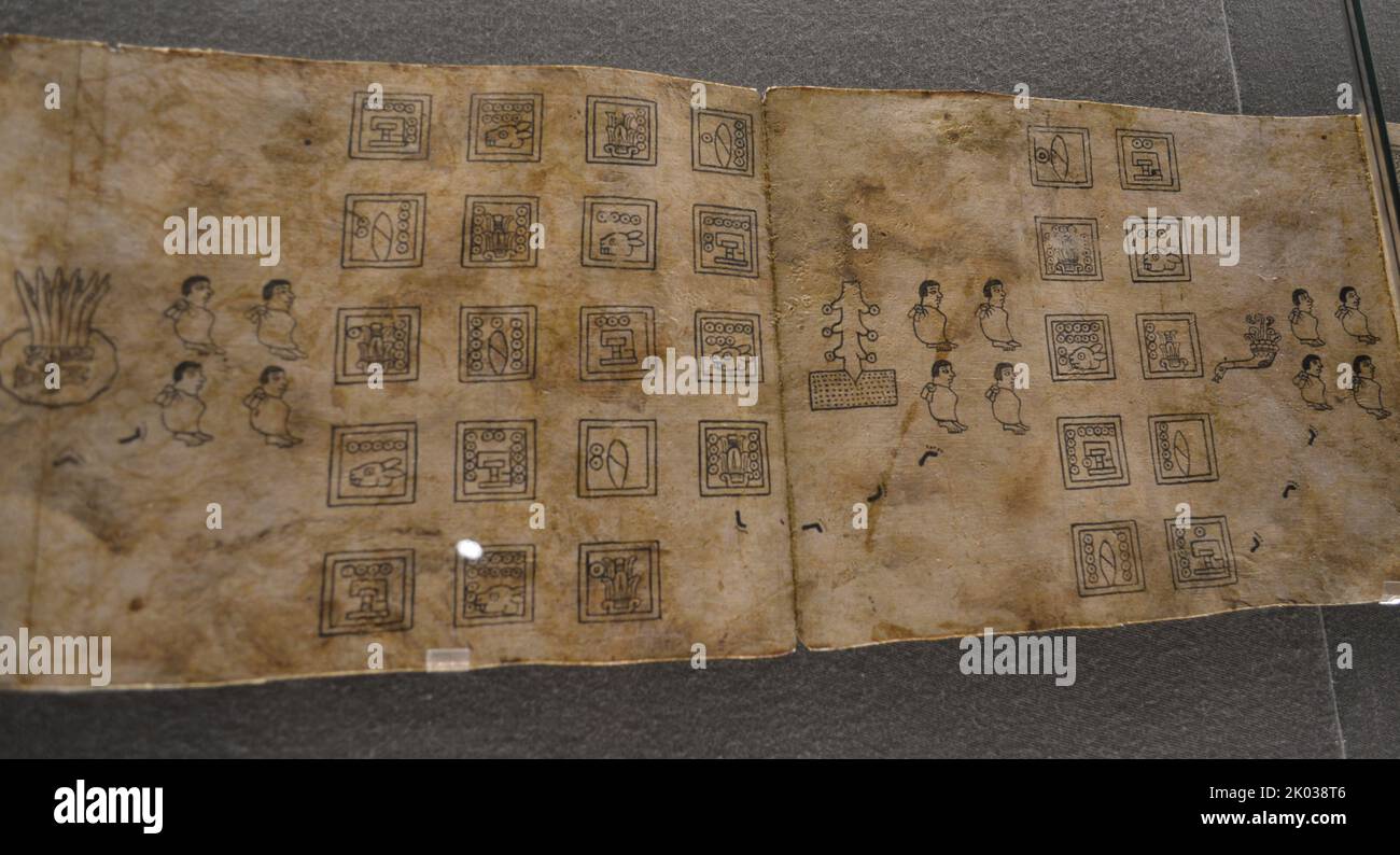 Faksimile des Boturini Codex in Amate Paper. Tira de la Peregrinacion de los aztecas. Handwerkliche Arbeit des Boturini Codex. Stockfoto