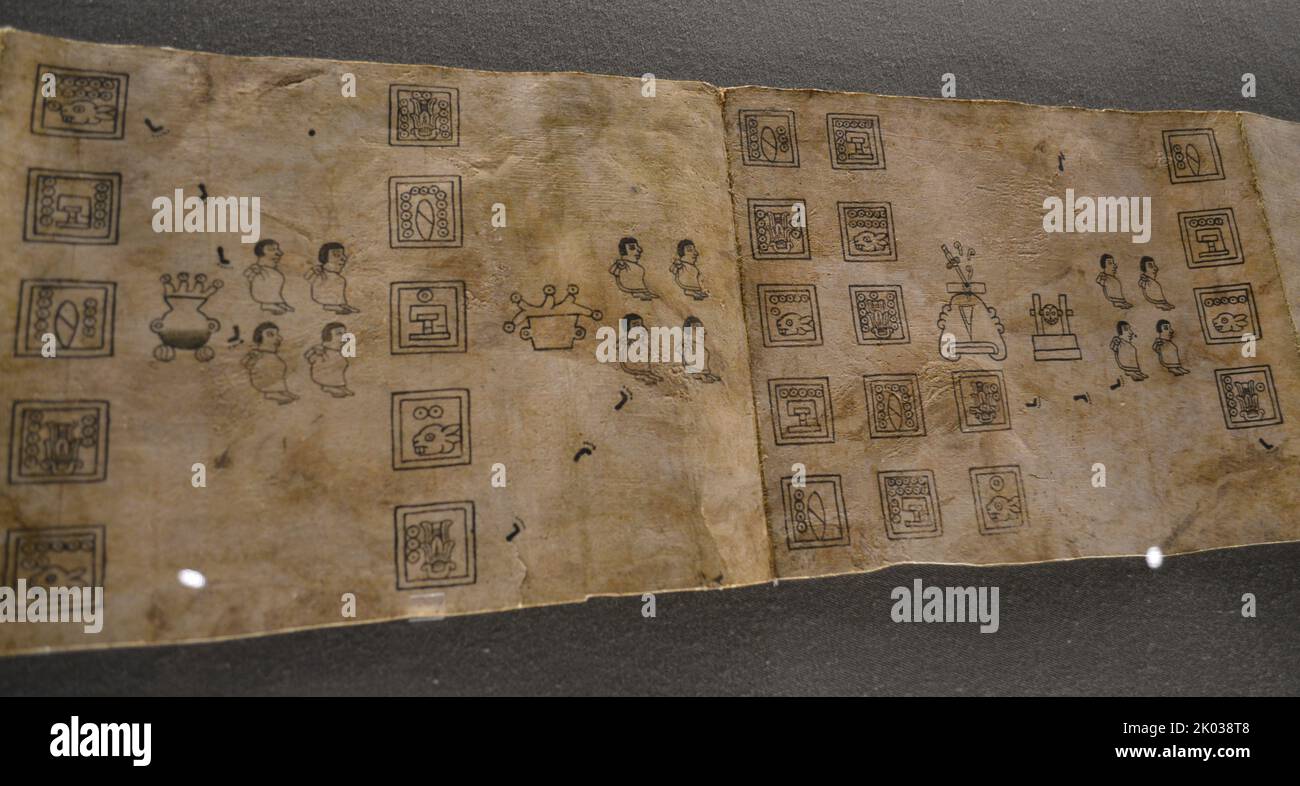 Faksimile des Boturini Codex in Amate Paper. Tira de la Peregrinacion de los aztecas. Handwerkliche Arbeit des Boturini Codex. Stockfoto