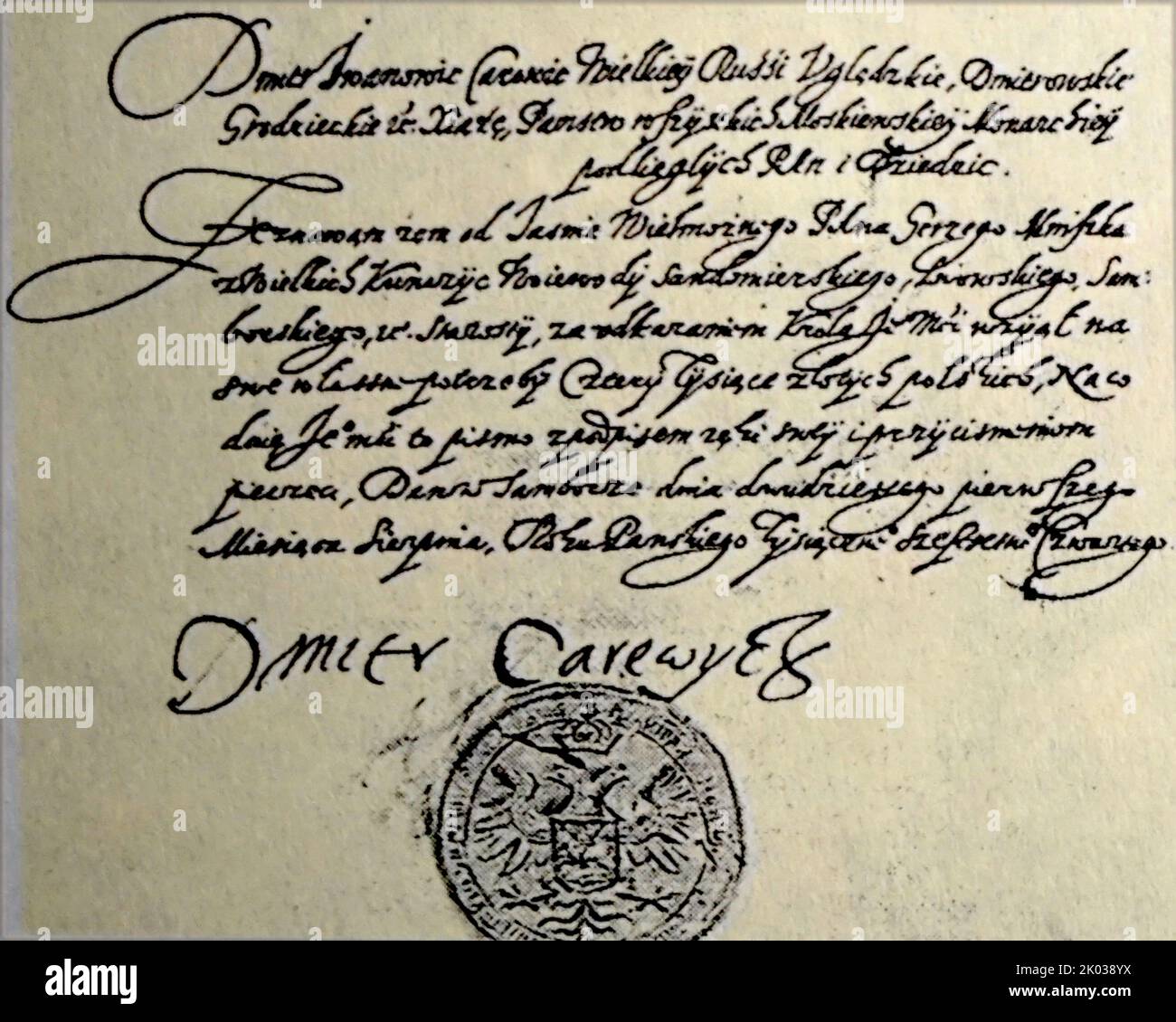 Brief des falschen Dmitry. Falscher Dmitry I. regierte als Zar von Russland vom 10. Juni 1605 bis zu seinem Tod am 17. Mai 1606. Der erste und erfolgreichste von drei „Vortäubern“, die in der Zeit der Schwierigkeiten behaupteten, der jüngste Sohn Iwans des Schrecklichen zu sein, Zarewitsch Dmitri Iwanowitsch, Der angeblich dem Attentat von 1591 entkommen war, als er 8 Jahre alt war. Stockfoto
