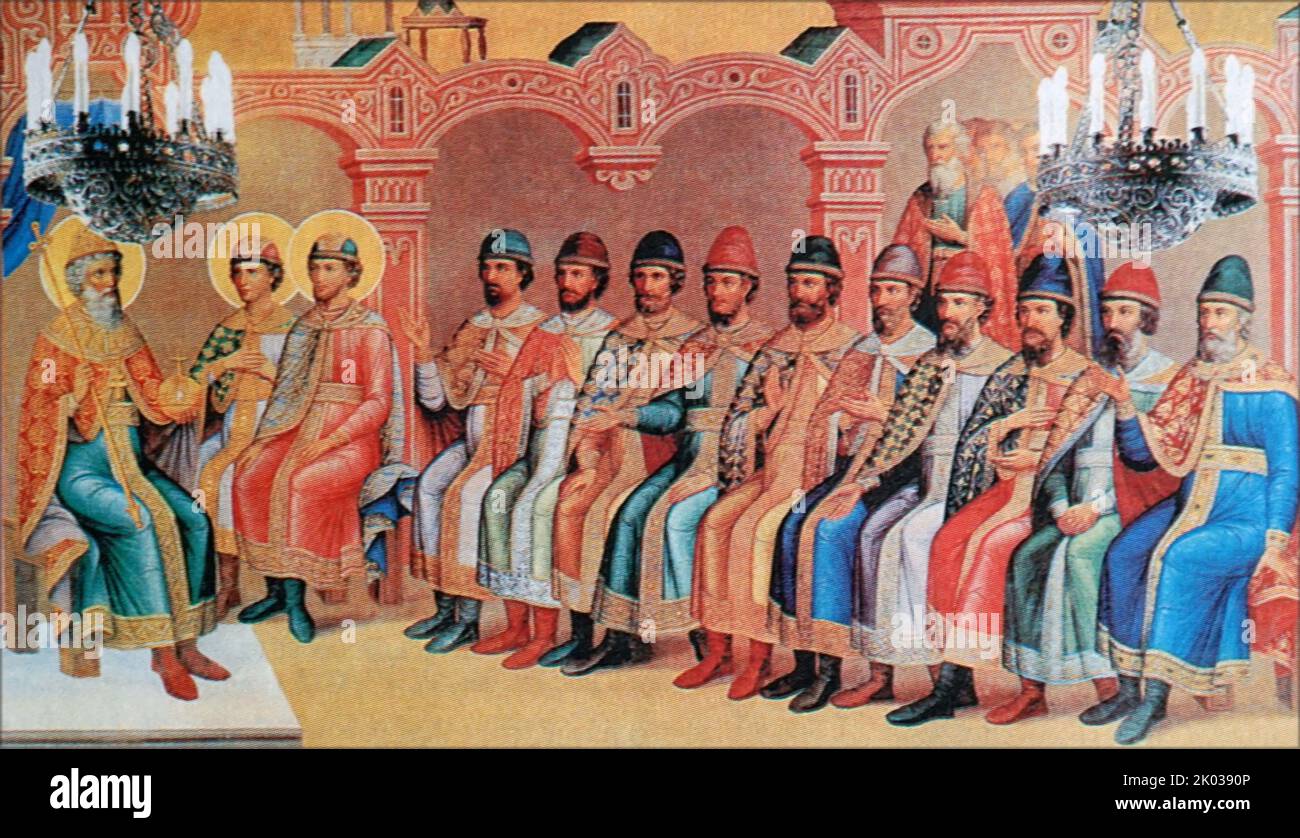 Der Rat von Liubech war eines der am besten dokumentierten Fürstenversammlungen Rutheniens, das 1097 in Liubech (heute im Gebiet Tschernigow, Ukraine) stattfand. Stockfoto