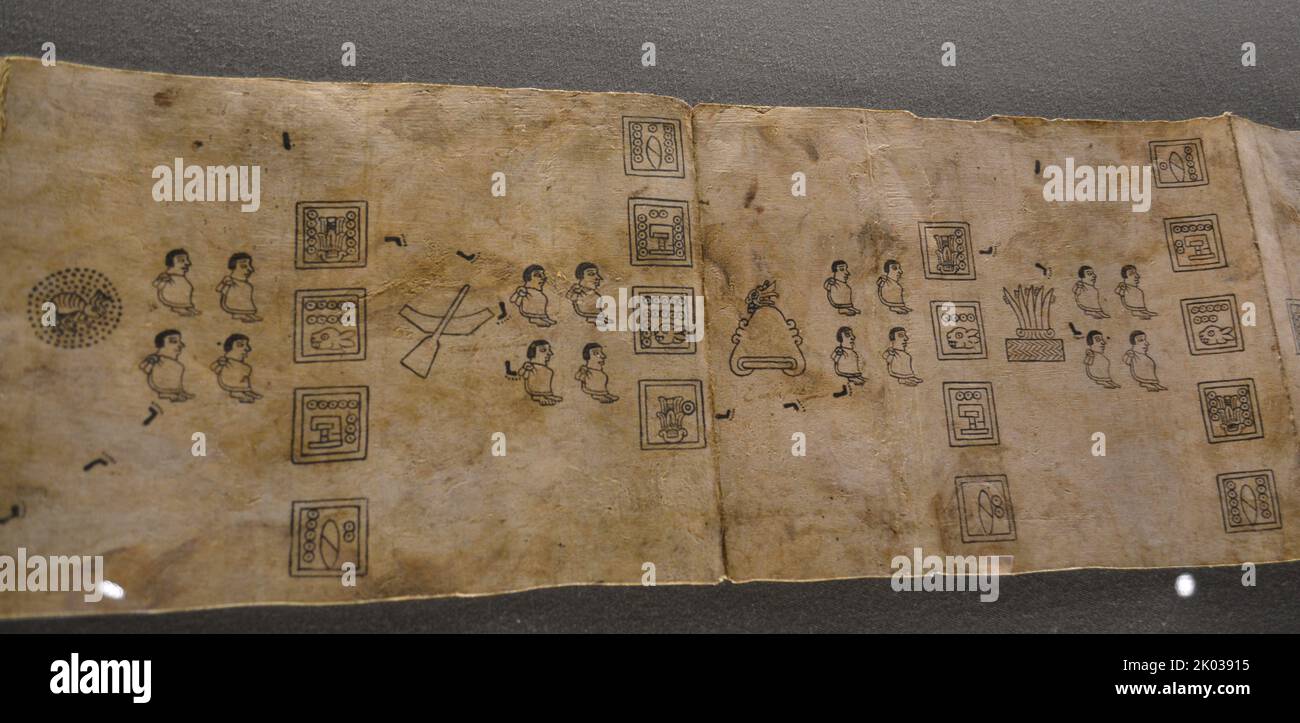 Faksimile des Boturini Codex in Amate Paper. Tira de la Peregrinacion de los aztecas. Handwerkliche Arbeit des Boturini Codex. Stockfoto