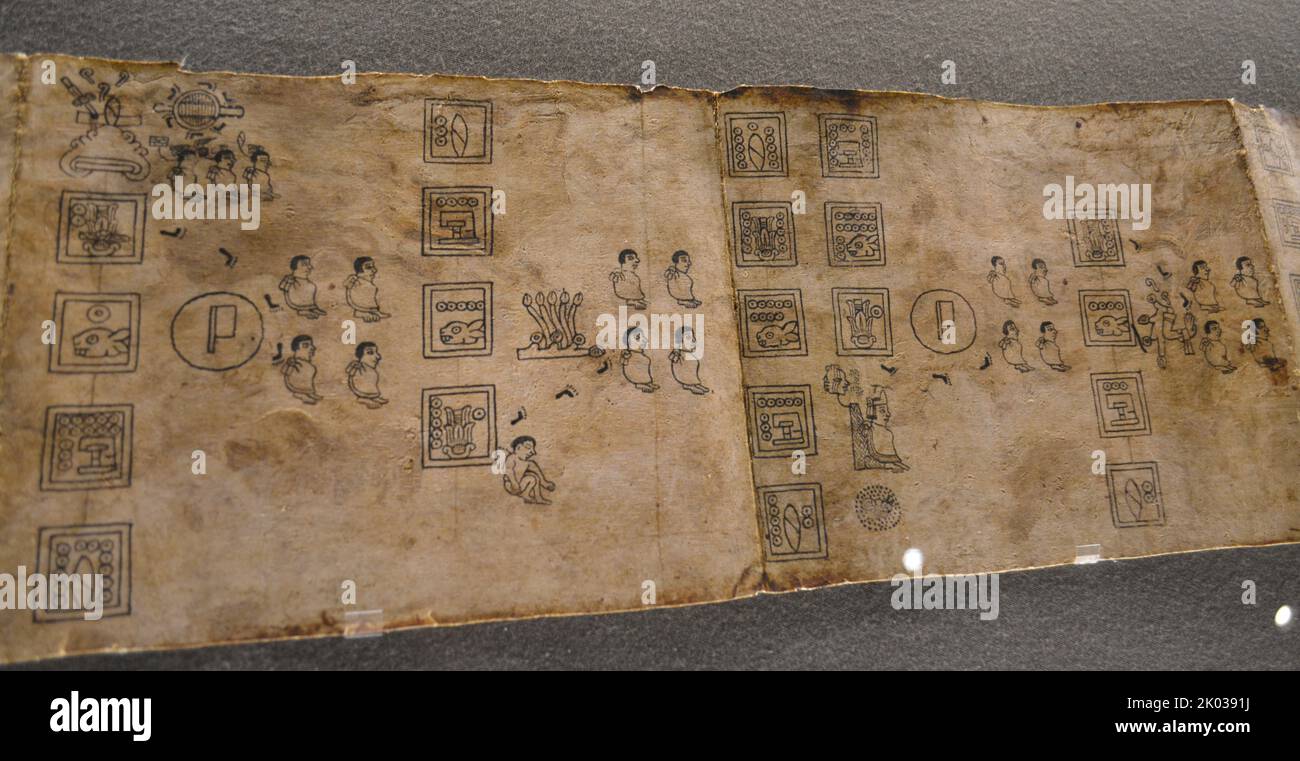 Faksimile des Boturini Codex in Amate Paper. Tira de la Peregrinacion de los aztecas. Handwerkliche Arbeit des Boturini Codex. Stockfoto