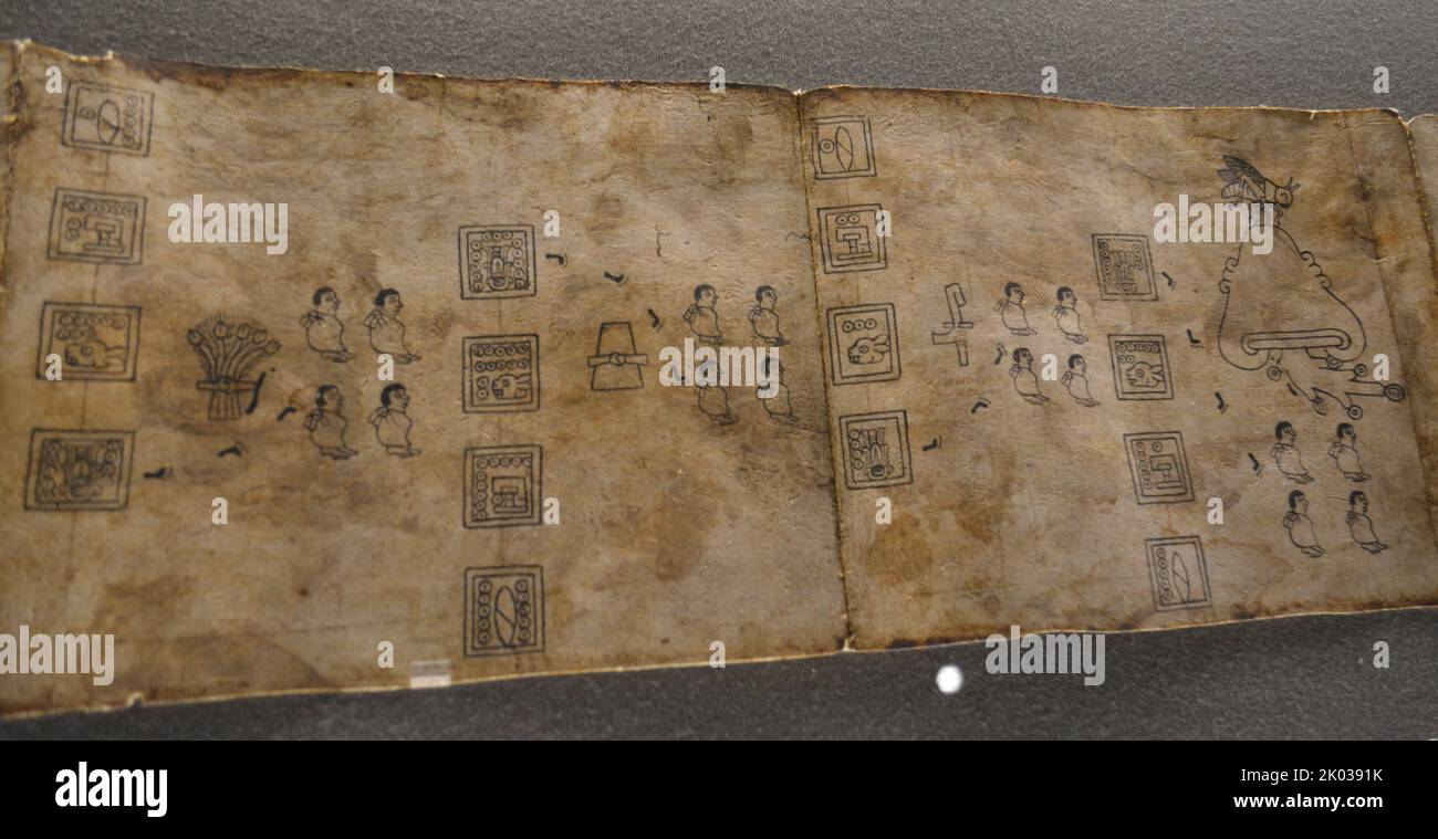 Faksimile des Boturini Codex in Amate Paper. Tira de la Peregrinacion de los aztecas. Handwerkliche Arbeit des Boturini Codex. Stockfoto