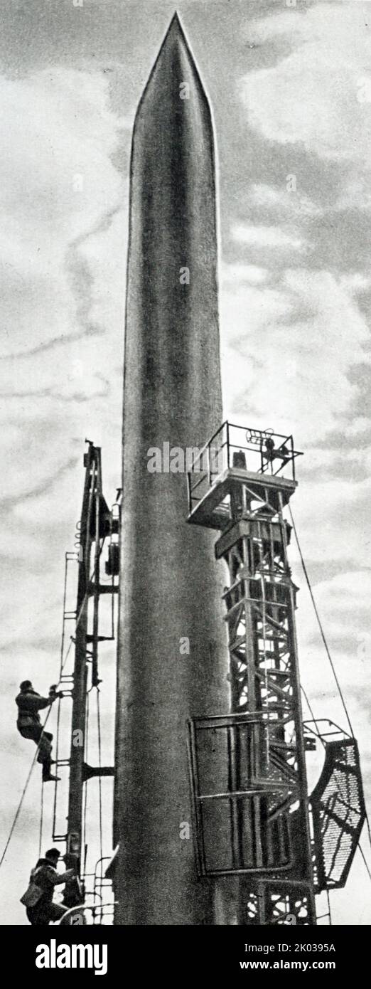 Rakete zum Start von Vostok 1, der ersten Raumfahrt des Vostok-Programms und der ersten menschlichen Raumfahrt in der Geschichte. Die Wostok-Raumkapsel wurde am 12. April 1961 vom Kosmodrom Baikonur aus mit dem sowjetischen Kosmonauten Juri Gagarin an Bord gestartet. Stockfoto