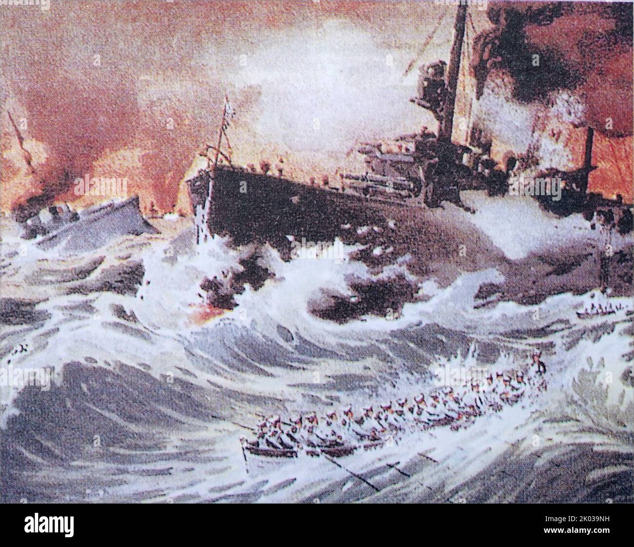 Die Schlacht von Tsushima war eine große Seeschlacht, die zwischen Russland und Japan während des russisch-japanischen Krieges ausgetragen wurde. Es wurde am 27-28. Mai 1905 (14-15. Mai im Julianischen Kalender, der damals in Russland im Einsatz war) in der Straße von Tsushima zwischen Korea und Südjapan gekämpft. Stockfoto