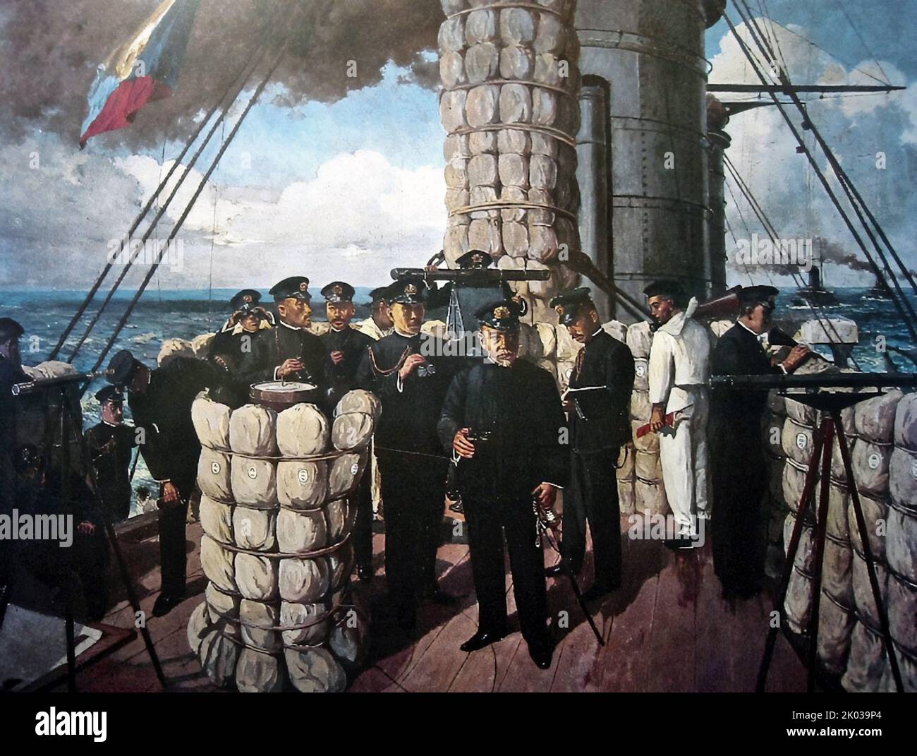 Admiral Togo Heihachiro auf der Brücke des Schlachtschiffes Mikasa. Die Schlacht von Tsushima war eine große Seeschlacht, die zwischen Russland und Japan während des russisch-japanischen Krieges ausgetragen wurde. Es wurde am 27-28. Mai 1905 (14-15. Mai im Julianischen Kalender, der damals in Russland im Einsatz war) in der Straße von Tsushima zwischen Korea und Südjapan gekämpft. Stockfoto