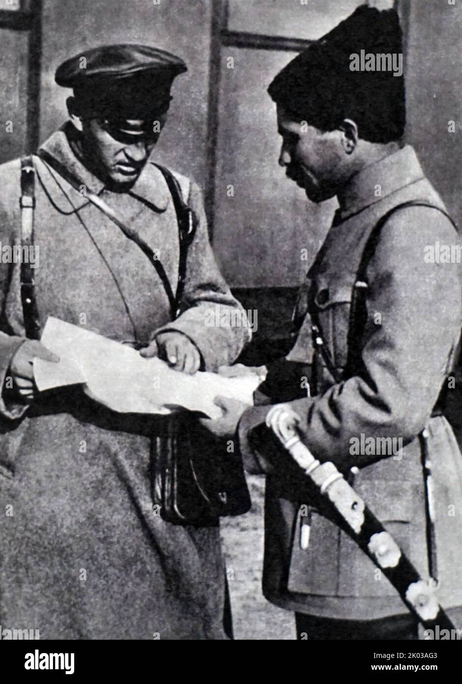 Wassili Chapaew - auf der rechten Seite. (1887 - 5. September 1919) war ein gefeierter russischer Soldat und Kommandant der Roten Armee während des russischen Bürgerkrieges. Stockfoto