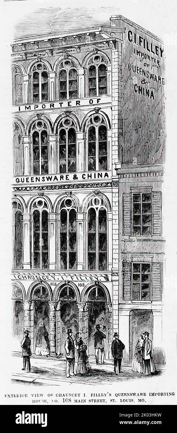 Außenansicht von Chauncey Ives Filley's Queensware Importing House, No. 108 Main Street, St. Louis, Missouri (1860). 19.. Jahrhundert Illustration aus Frank Leslie's Illustrated Newspaper Stockfoto