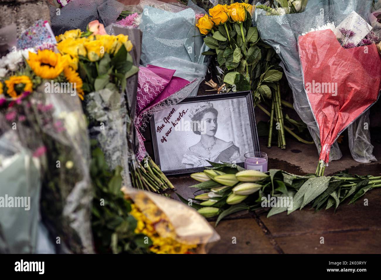 London, Großbritannien. 9.. September 2022. Nach der Ankündigung des Todes von Elizabeth II., Königin von Großbritannien, die am Donnerstagabend im Balmoral Castle starb, bringen königliche Fans und Wohlhabende weiterhin Blumengebete an die Tore des Buckingham Palace. Foto Horst A. Friedrichs Alamy Live News Stockfoto