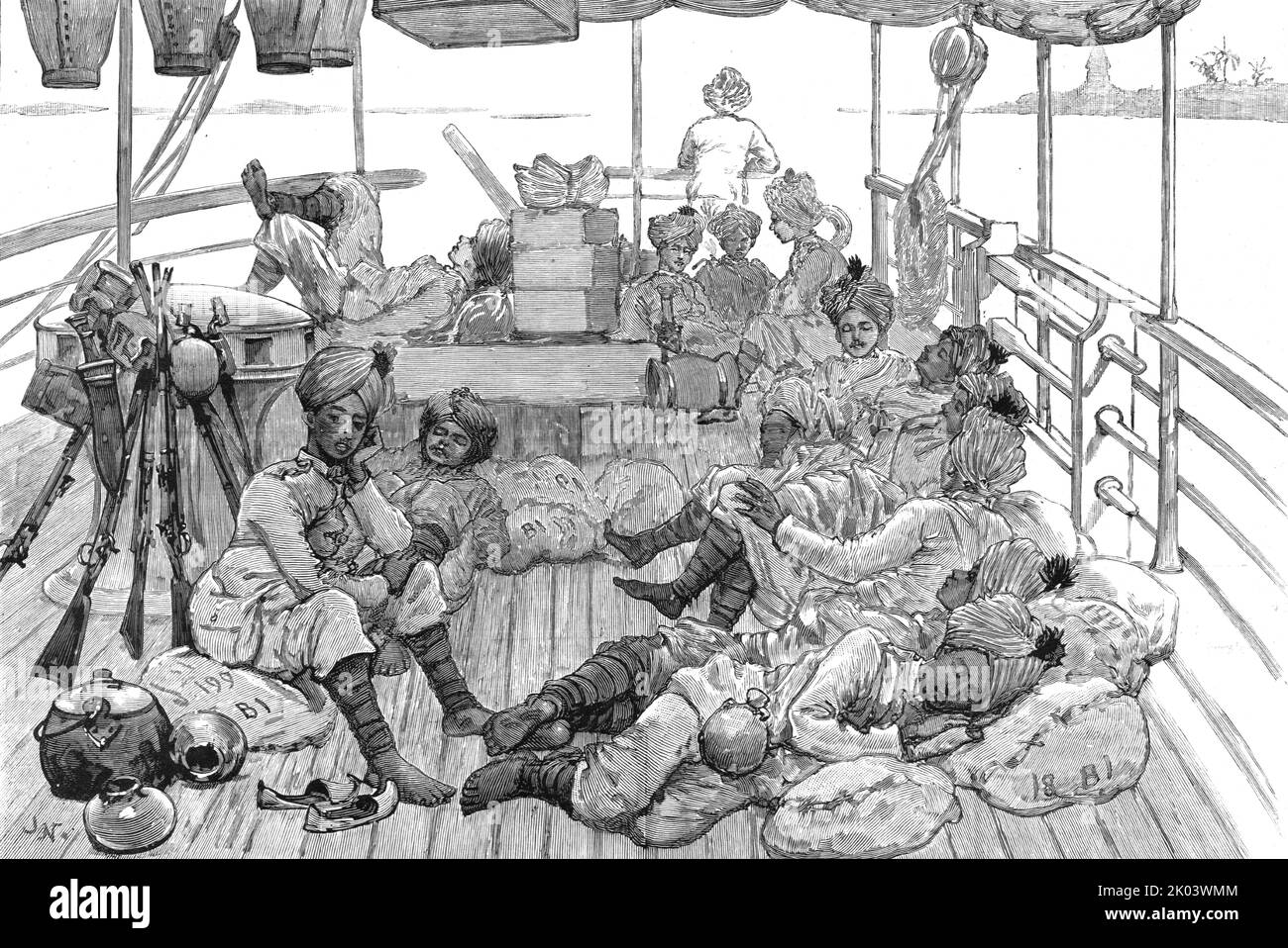 'Mit Lord Dufferin in Burma - die Vorschussgarde an Bord des 'Sir William Peel'', 1886. Aus „Die Grafik. An Illustrated Weekly Newspaper Band 33. Januar bis Juni 1886“. Stockfoto