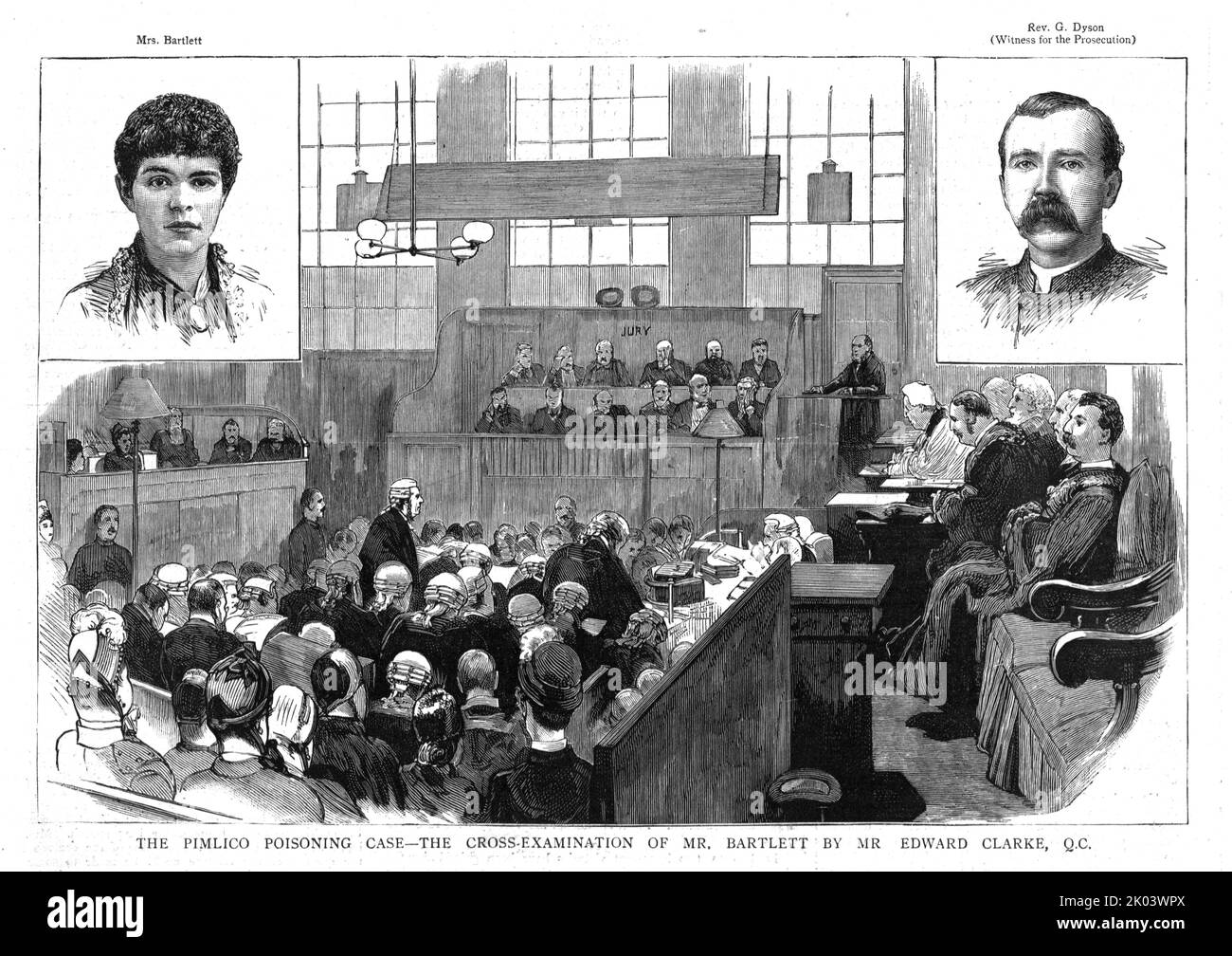 „Der Fall der Pimlico-Vergiftung - die Kreuzverhör von Herrn Bartlett durch Herrn Edward Clarke, QC“ 1886. Aus „Die Grafik. An Illustrated Weekly Newspaper Band 33. Januar bis Juni 1886“ Stockfoto