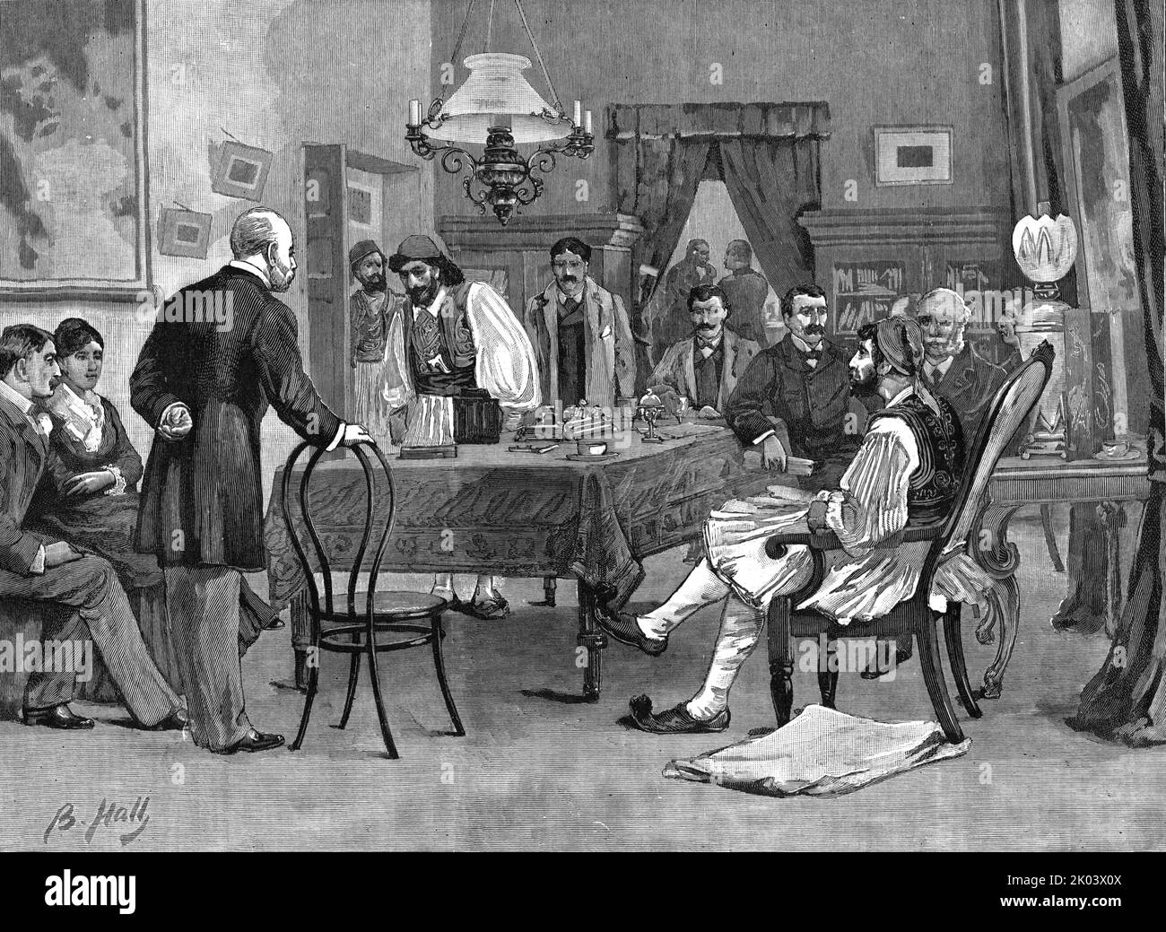 'Die späte Krise in Griechenland - Ein Empfang im Haus von M Delyannis vor seinem Sturz', 1886. Aus „Die Grafik. An Illustrated Weekly Newspaper Band 33. Januar bis Juni 1886“. Stockfoto