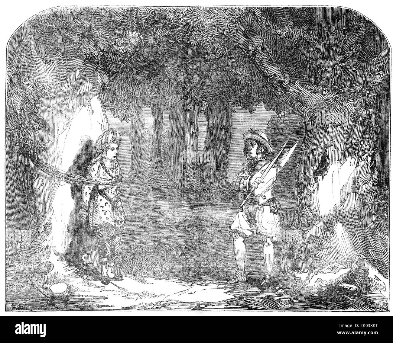 Haymarket - Szene aus "The Second Calendar and the Queen of Beauty Who had to fight with the Genie", 1850. Londoner Bühnenproduktion der Brüder Brough. „Die Handlung... ist nicht nur der gefeierten Geschichte entnommen, deren Namen sie trägt, Aber auch aus einer anderen Geschichte im gleichen Werk, der gefeierten "Arabian Nights' Entertainment", die beiden Geschichten sind sehr genial taubenschwanz...die einleitende Szene ist ein Picknick in der Wüste, in dem der König der Ebony-Inseln (Mr. J. Bland) verursacht das Unwohl eines bösartigen Genies, Jargarhees (Mr E. Selby)...der Prinz Agib (Fräulein Anne Stockfoto
