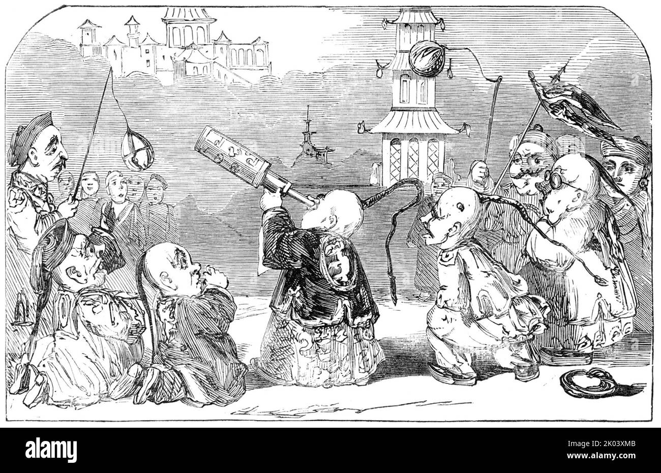 Sadler's Wells - Szene aus „Harlequin and the House that Jack built in 1851“, 1850. Londoner Bühnenproduktion: '...eine lächerliche Szene in der Eröffnung...die Pantomime Hier ist eine Art Zirkusstück, das die bevorstehende Ausstellung von 1851 berührt, mit dem Titel "Harlequin and the House that Jack built in 1851; or, the Genie of the Ring and Aladdin's Wonderful Lamp". Die verzauberte Werkstatt von Jack-of-all-Trades eröffnet das Drama, der seinen Arbeitern verkündet, er will ein Haus der Industrieausstellung bauen. Die Erfindung greift schließlich ein, und zwar unter dem Vorwand, dass dies der Gegenstand ist Stockfoto