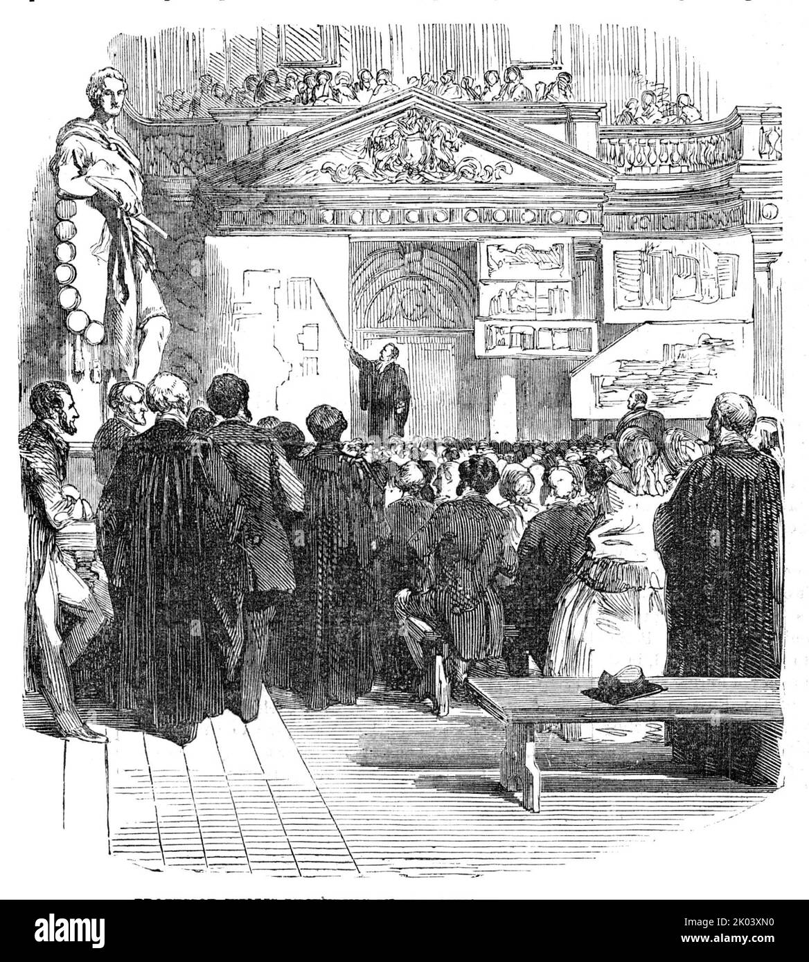 Professor Willis, Dozent im Senatshaus, Cambridge, 1854. Vortrag über die Architektur von Cambridge. „Professor Willis bemerkte, dass die älteste Autorität bezüglich Cambridge die von Dr. Caius war. Veröffentlicht in der Regierungszeit von Königin Elizabeth und ein Buch mit alten Drucken, veröffentlicht von One Loggan, einem Holländer, im Jahr 1688. Für eine lange Zeit war das Hochschulsystem, so wie es sein Gebäude betrachtete, sehr unvollkommen. Die frühen Colleges und Hostels hatten keine Kapellen, aber die Studenten besuchten die Pfarrkirche. Nachdem er die chronologische Geschichte der frühesten Colleges in Oxford und Cambridge verglichen hatte, kam er auf die Kamera Stockfoto