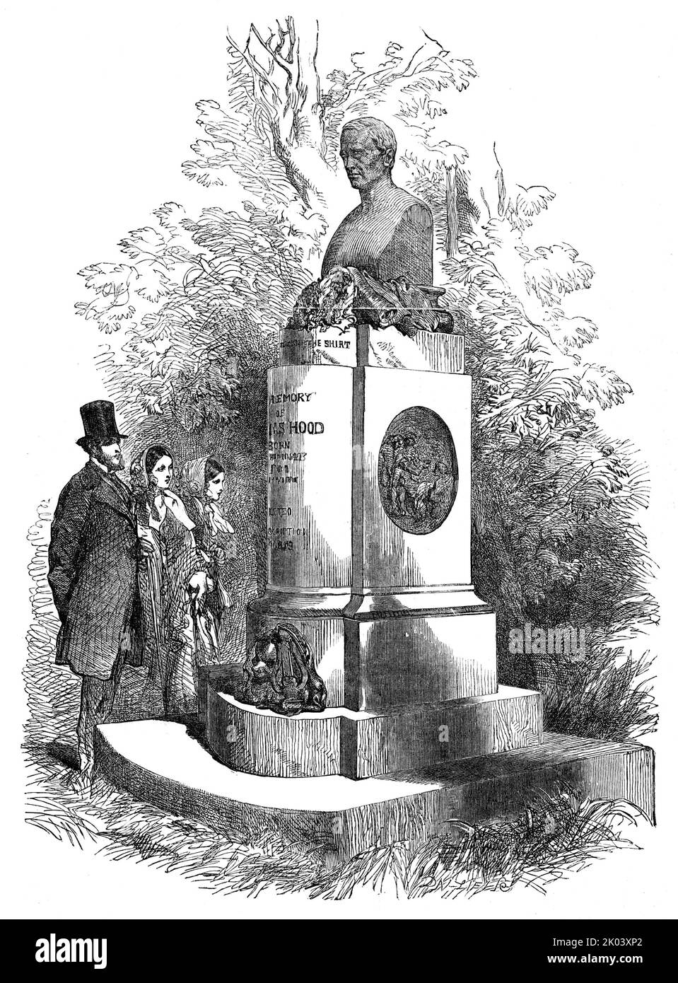 The Hood Memorial, Kensal-Green, 1854. Denkmal zum Gedenken an den Dichter Thomas Hood auf dem Kensal Green Cemetery, London. Das Denkmal ist eine angemessene und geschmackvolle Komposition und wird dem Ruf des Bildhauers, Mr. Matthew Noble, viel hinzufügen...Es besteht aus einer großen Bronzebüste des Dichters, die auf einem Sockel aus poliertem rotem Granit emporgehoben ist; die ganze zwölf Meter hoch. Vor der Büste (die ein ausgezeichnetes Abbild ist und von authentischen Porträts modelliert wurde) befinden sich drei [bronzene] Kränze, die aus dem Lorbeer, der Myrte und der Immortelle gebildet sind. Auf einer Platte... erscheint Hood's Stockfoto