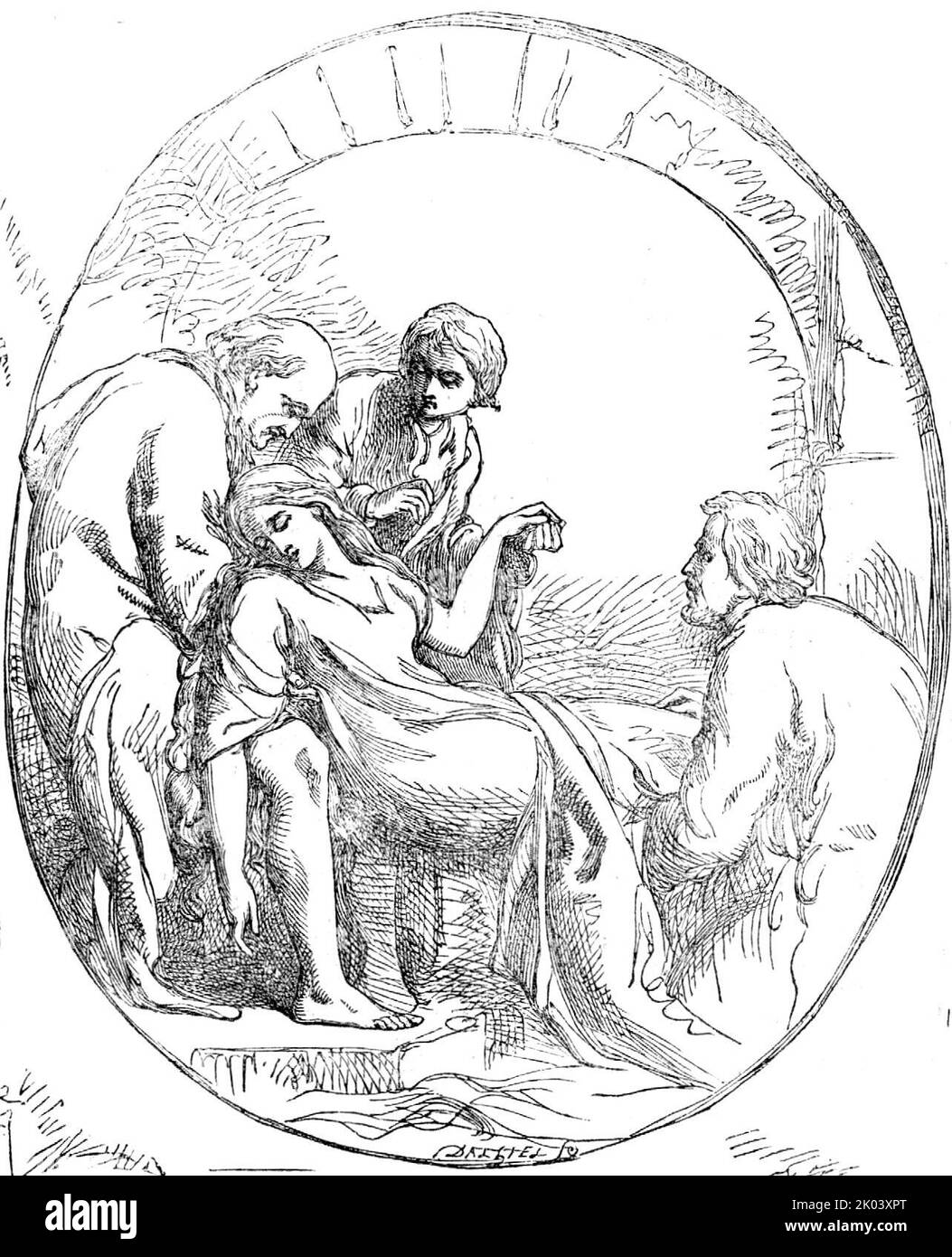 Hood Memorial Relief - "die Seufzerbrücke", 1854. Detail zum Denkmal des Dichters Thomas Hood auf dem Kensal Green Cemetery, London. Medaillon zur Illustration von Hood's feinem Gedicht:...das arme Opfer verblendter Hoffnung und Liebe wird gerade aus dem wässrigen Grab erhoben, in das sie sich kopfüber gehetzt hatte, um den Schmerzen der unermüdlichen Reue und Scham zu entkommen, und dem daraus folgenden "brennenden Wahnsinn", der das Leben untragbar gemacht hatte...Herr Noble hat mit der berührenden Beschreibung des Dichters eine vollständige Sympathie gezeigt und die Geschichte mit viel Erfolg verkörpert. Das Unglückliche Stockfoto