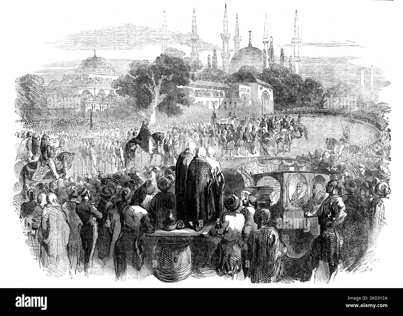 Prozession des Sultans auf dem Festival des Bairam, Konstantinopel, 1854. „In der Türkei wird das Fasten des langen Monats Ramazan (die Mahomedan-Fastenzeit) vom Bairam abgelöst, der drei Tage ungemischtes Fest vorstellt... vor fünf Uhr verließ die Prozession den Sommerpalast, Und...der Souverän hörte das Sonnenaufgangsgebet nach dem durch Jahrhunderte der Nutzung sanktionierten Brauch...[Ansicht] der Prozession...zur Moschee von Achmet...dem Sultan gehen die Kaisergarden voraus und folgen ihnen...in jeder Reihe oder Akte der Kaisergarde ist ein Offizier der Armee, in kurzer Jacke, Schulterklappen, braide Stockfoto