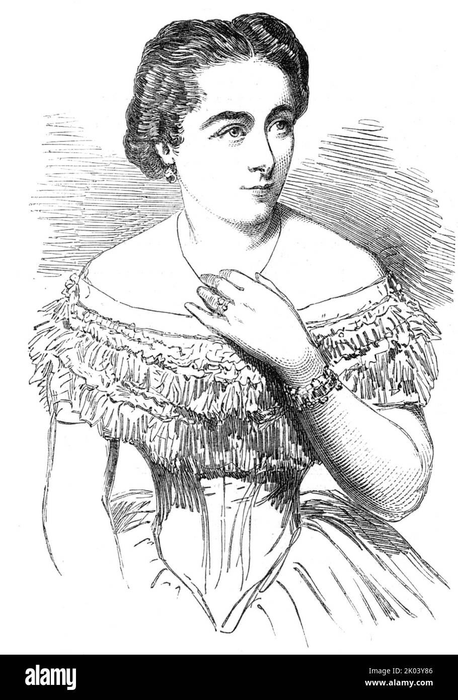 Madame Marie Cabel - gezeichnet von Baugniet, 1854. Belgische Koloratursopran. '...diese charmante junge Sängerin... war die große Attraktion der Opera Comique im St. James's Theatre während der gerade beendeten Saison...Marie Dreullette ist eine gebürtige Belgierin, Das evar seit dem Mittelalter eines der musikalischsten Länder des letzten world...in. September war, debütierte sie mit großem Erfolg in Adolphe Adams Oper „Le Bijou Perdu“; Was durch ihre Darbietung von Marie in "La Promise", die M. Clapisson ausdrücklich für sie schrieb, noch verstärkt wurde." Fro Stockfoto