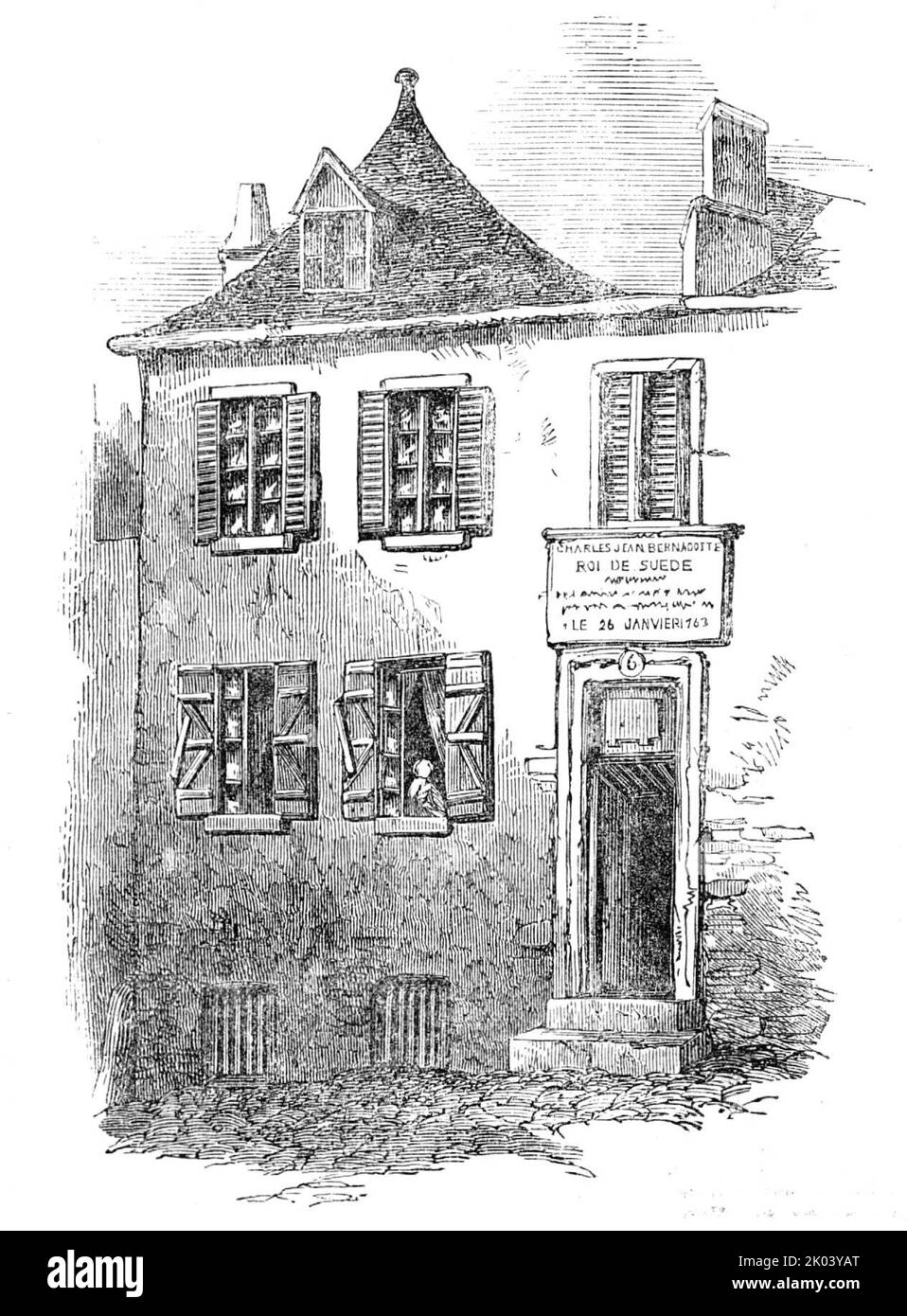 Haus in Pau [in Frankreich], in dem Bernadotte geboren wurde, 1854. '...das kleine Haus mit einem Dachboden roof...in, das der berühmte Bernadotte, der Sohn eines armen Sattlers, der als Junge in die französische Marine als Schlagzeuger eintrat und König von Schweden starb, als einziges Beispiel eines von Napoleon ernannten Monarchen, der sein Königreich behielt, Und vermacht es seiner Nachwelt'. Aus „Illustrated London News“, 1854. Stockfoto