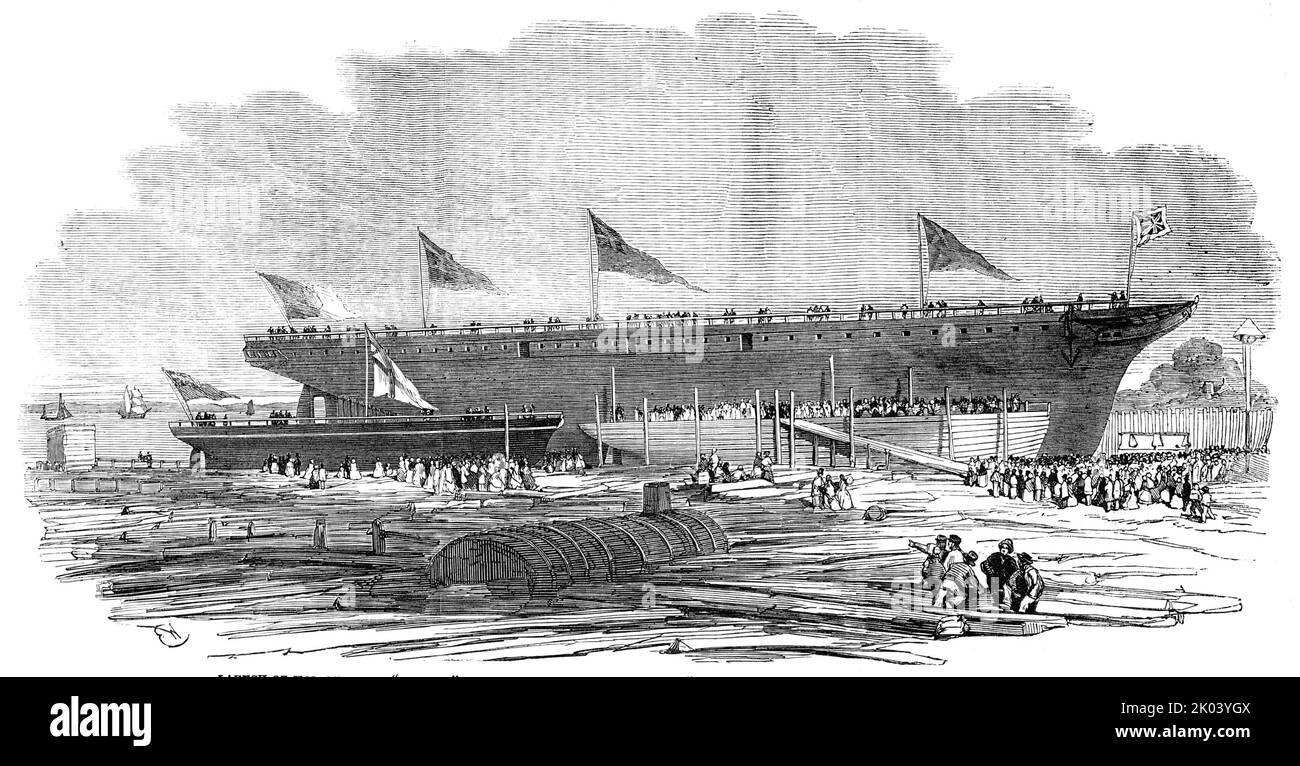 Start des H.M. Gun-Boats "Pelter" und des portugiesischen Dampfschiffs "Dom Pedro Secondo" auf der Northfleet, 1854. Dockyard an der Themse in Kent. Kanonenboot '...das Mr. Pitcher für die Marine Ihrer Majestät bauen soll...die Abmessungen des Bootes sind - Länge zwischen den Senkrechten, 100 Fuß; extreme Breite, 22 Fuß; Tiefe im Laderaum, 7 Fuß 10 Zoll. Die Belastung beträgt 212 Tonnen. Die für sie vorgesehenen Motoren wurden von den Herren Penn und Co nach dem Hochdruck-Prinzip gefertigt und haben eine Leistung von 60 Pferden. Ihre Rüstung wird! Bestehen aus zwei Kanonen von 95 cwt., die Wil Stockfoto