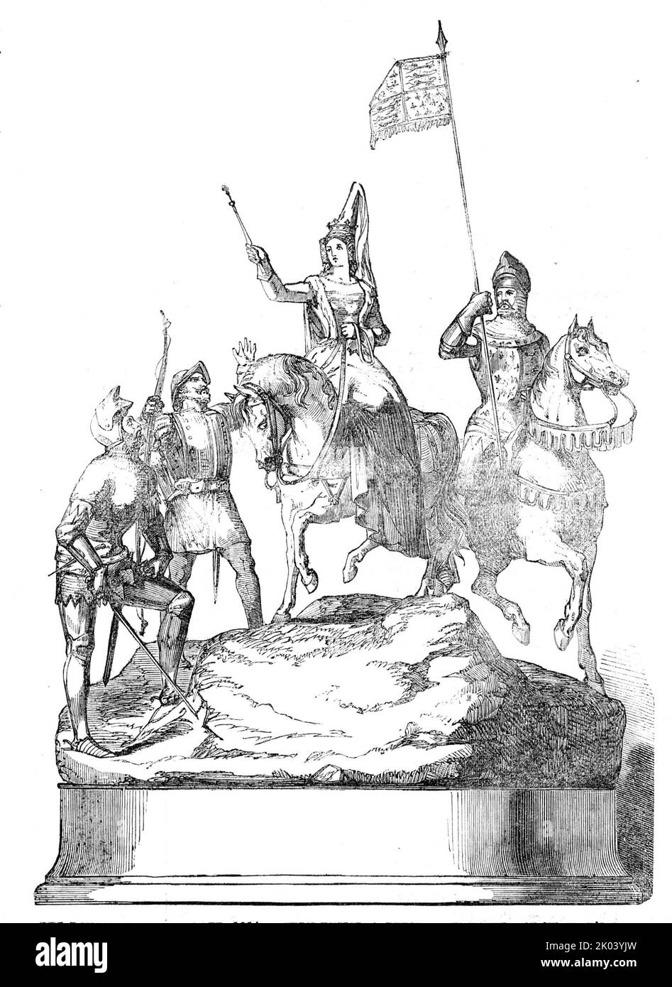 The Doncaster Race Plate, 1854 - Königin Philippa vor der Schlacht am Neville's Cross, 1854. Pferderennen Trophäe "...ausgeführt bei der Gründung der Herren Garrard, Haymarket...die Pferde...sind nach Modellen des bekannten Künstlers, Mr. Cotterill; Die Figuren und die Accessoires stammen von Mr. Spencer...Königin Philippa...ist in der malerischen Tracht des vierzehnten Jahrhunderts gehalten...Reiten durch die Reihen der englischen Armee unmittelbar vor dem Beginn der Schlacht am Neville-Kreuz, in der Grafschaft Durham, am 17.. Oktober, Im Jahr 1347...erwies sich die englische Königin als würdig Stockfoto