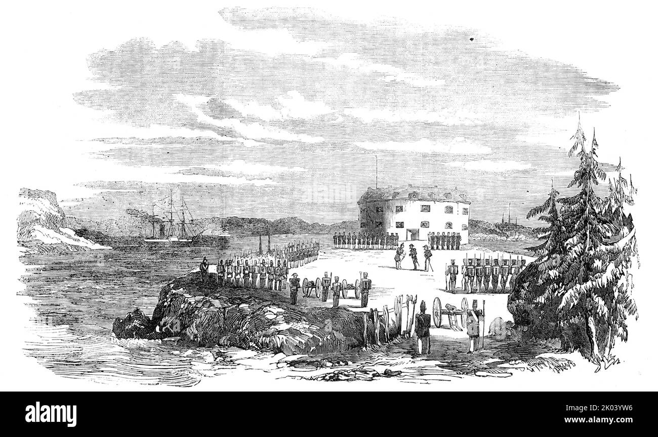 Kapitulation des Turms von Prasto, Bomarsund, 1854. Szene aus dem Krimkrieg: '...Übergabe des Kommandanten der Festung an die französischen und englischen Truppen. Auf der linken Seite des Plateaus befinden sich zwei Kompanien französischer Infanterie mit ihren Farben und zwei Feldstücken; ein drittes Feldstück im Tor. Die Garnison steht vor dem Turm; sie trugen Helme und lange graue Mäntel, schwarze Quergürtel und lange, hell-barreled Musketen. In der Mitte ist der französische Kommandant dabei, das Schwert des russischen Oberst zu empfangen... den Turm von Prasto, einer von drei, die das Werk bilden Stockfoto