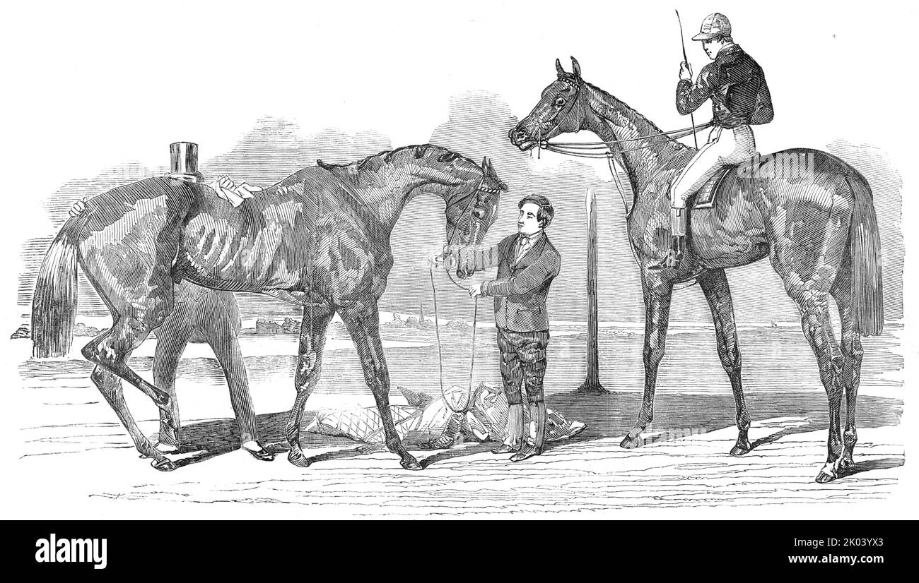 Die Doncaster-Sieger: St. Leger - "Ritter von St. George"; Doncaster Cup - "Virago", 1854. „Am Ende der Rennsaison im letzten Jahr kam [Knight of Saint George] in den Besitz von Mr. Morris, dem derzeitigen Besitzer... der Sieg... wurde mit herzhaftem Jubel gefeiert, Wegen Morris' sehr verdienstvollen und geradlinigen Verhaltens, seine Pferde immer zu laufen, um zu gewinnen...der Ritter von Saint George ist das dritte irische Pferd, das innerhalb der letzten Jahre den Großen Heiligen Leger gewonnen hat...[Virago war] '...das Eigentum von Henry Padwick, Deren Rasen nom de guerre Stockfoto