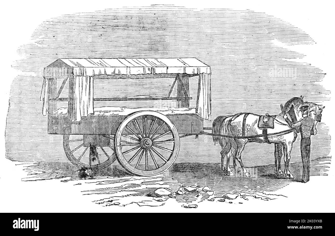 Neuer Krankenwagen mit der Armee im Osten, 1854. „Der Krankenhauswagen oder Krankenwagen, der unsere Truppen für den Dienst in der Türkei [während des Krimkrieges] begleitet, wurde nach einem von Dr. [George James] Guthrie empfohlenen Plan gebaut und ist allem, was im letzten Krieg so ähnlich war, viel überlegen. Es hat zwei Räder, und die unsichere Bewegung wird in großem Maße verhindert, indem der Wagen auf starken Federn gestützt wird. Die Verwundeten können lange darin liegen; die leicht Verletzten sitzen vorne und hinten und an den Seiten; und von oben geschleudert ist eine Bahre, in der einer, der sehr schwer verwundet ist c Stockfoto