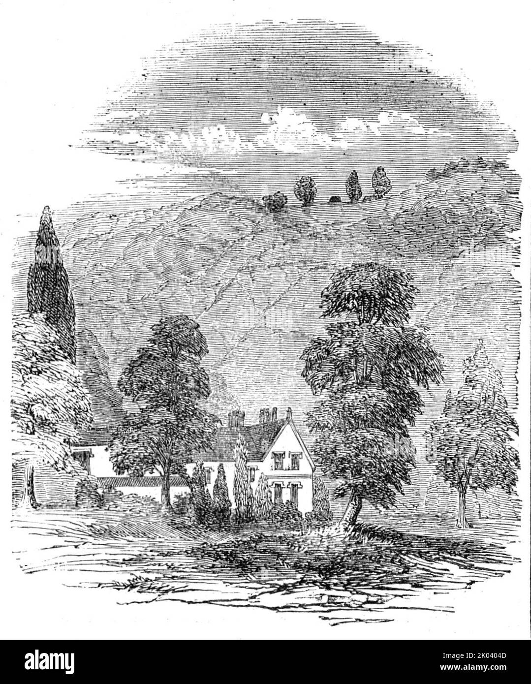 Stoney Middleton, der Sitz des verstorbenen Lord Denman, 1854. Landhaus in Derbyshire. „Dieser malerische und wirklich ländliche Rückzugsort war das väterliche Zuhause des verstorbenen Herrn [Thomas] Denman... Hier erhebt sich der Burgfelsen auf eine riesige Höhe und erhält seinen Namen von der einzigartigen und turmähnlichen Form, die seine schroffen Projektionen und Punkte annehmen. Hier sind warme Quellen, von denen die Römer angeblich ein Bad eingerichtet haben: Die Temperatur des Middleton-Wassers ist zwei Grad höher als die der wärmsten Quellen bei Matlock ... der Ruhm von Middleton ist sein Tal, an dessen Öffnung der roc Stockfoto