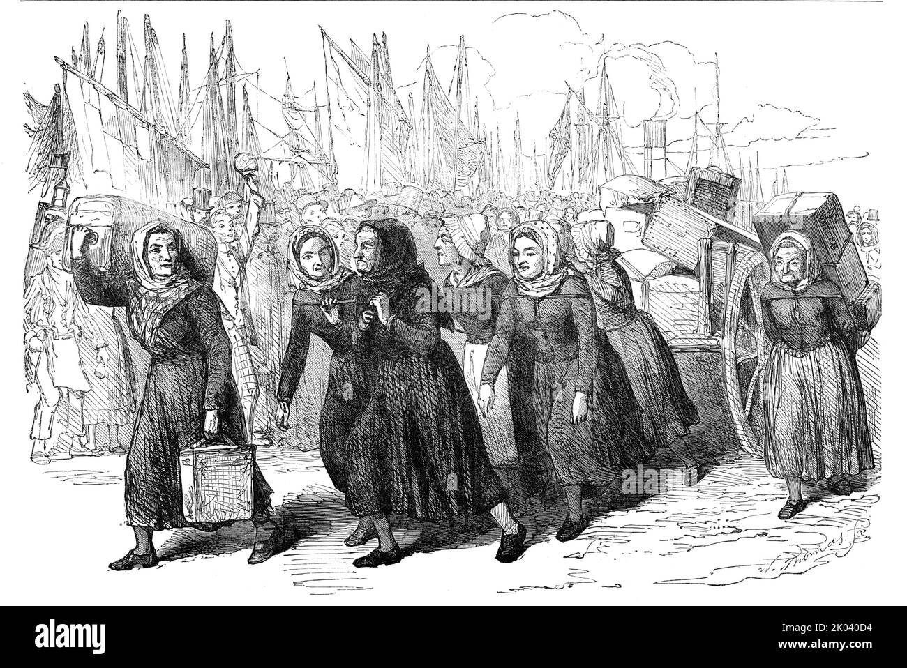 Boulogne Fischfrauen tragen das Gepäck der Krankenschwestern für den Osten, 1854. Britische Krankenschwestern, die mit den Mitarbeitern von Florence Nightingale verbunden sind, reisen während des Krimkrieges über Frankreich zum Krankenhaus in Scutari. '...die Nachricht von ihrer Ankunft hatte sich verbreitet, eine Menge hatte sich versammelt, um die selbstverhängte Band zu begrüßen und ihnen „Gott sei mit Geschwindigkeit!“ zu sagen. Auf ihrer Mission der Nächstenliebe ... Miss Nightingale und die siebenunddreißig Krankenschwestern, die sie begleiten, segelten von Marseille aus im Vectis-Dampfer nach Konstantinopel. Während ihrer gesamten Reise durch Frankreich wurden sie überall mit Demonstrationen empfangen Stockfoto